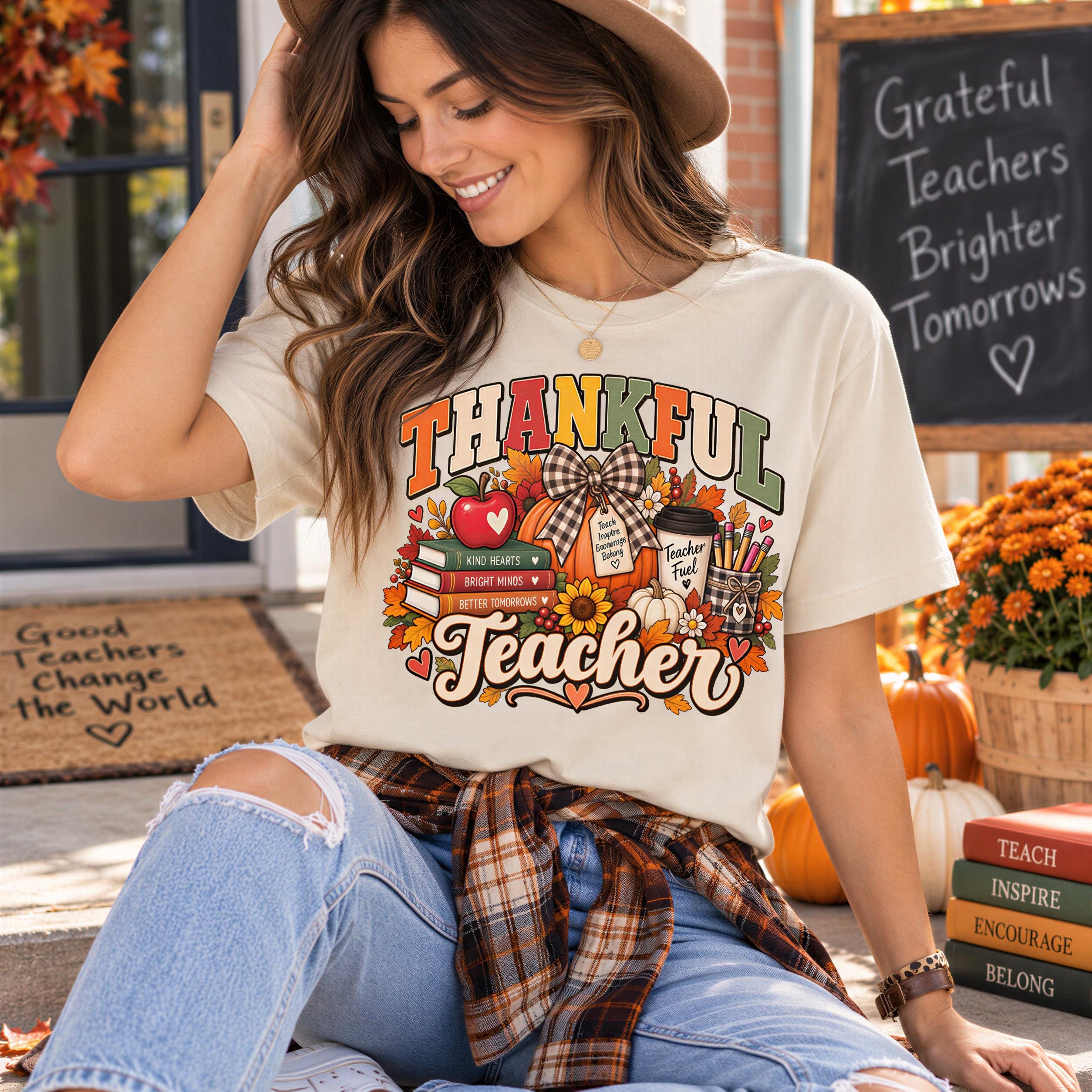 A woman wearing a white t-shirt with a graphic design of a teacher surrounded by fall-themed items, such as pumpkins, books, and a sunflower, is sitting on a step with a chalkboard sign in the background.