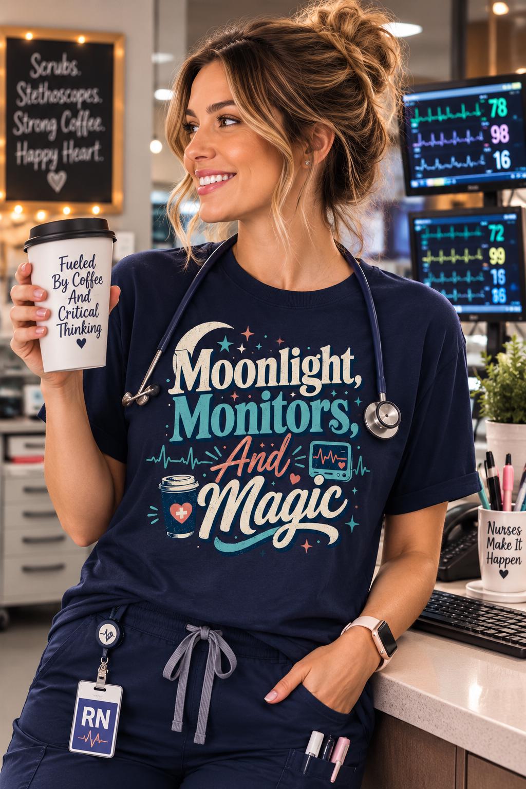 A smiling woman wearing a blue t-shirt with a humorous text printed on it, holding a coffee cup, and standing in front of a computer monitor.