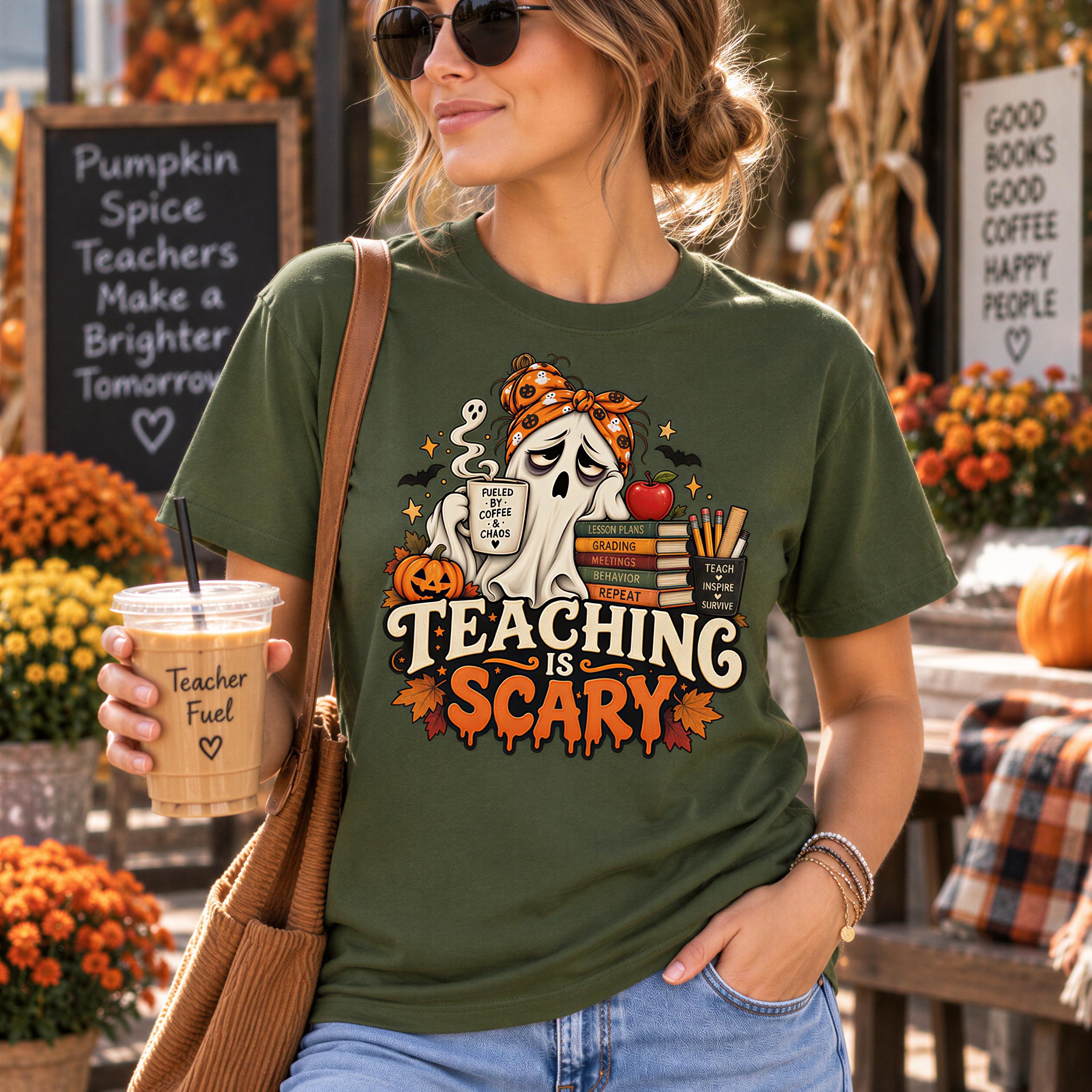 A woman wearing a green t-shirt with a Halloween-themed design and holding a drink stands in front of a chalkboard sign that says "Pumpkin Spice Teachers Make a Brighter Tomorrow".