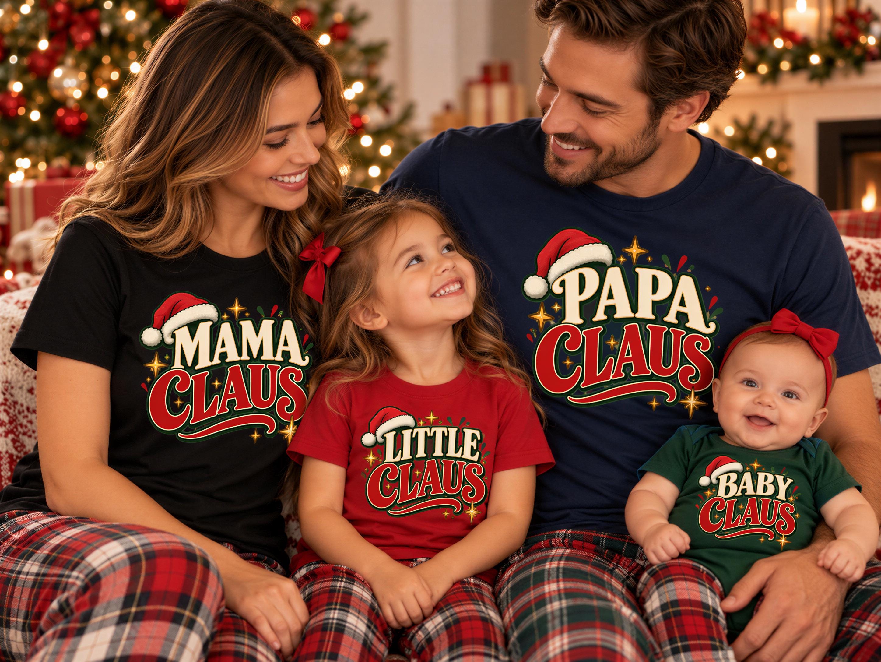 A family of four, consisting of a mother, father, and two children, posing together in festive holiday attire. They are all wearing matching t-shirts with the text "MAMA CLÄUS" and "PAPA CLÄUS" printed on them.