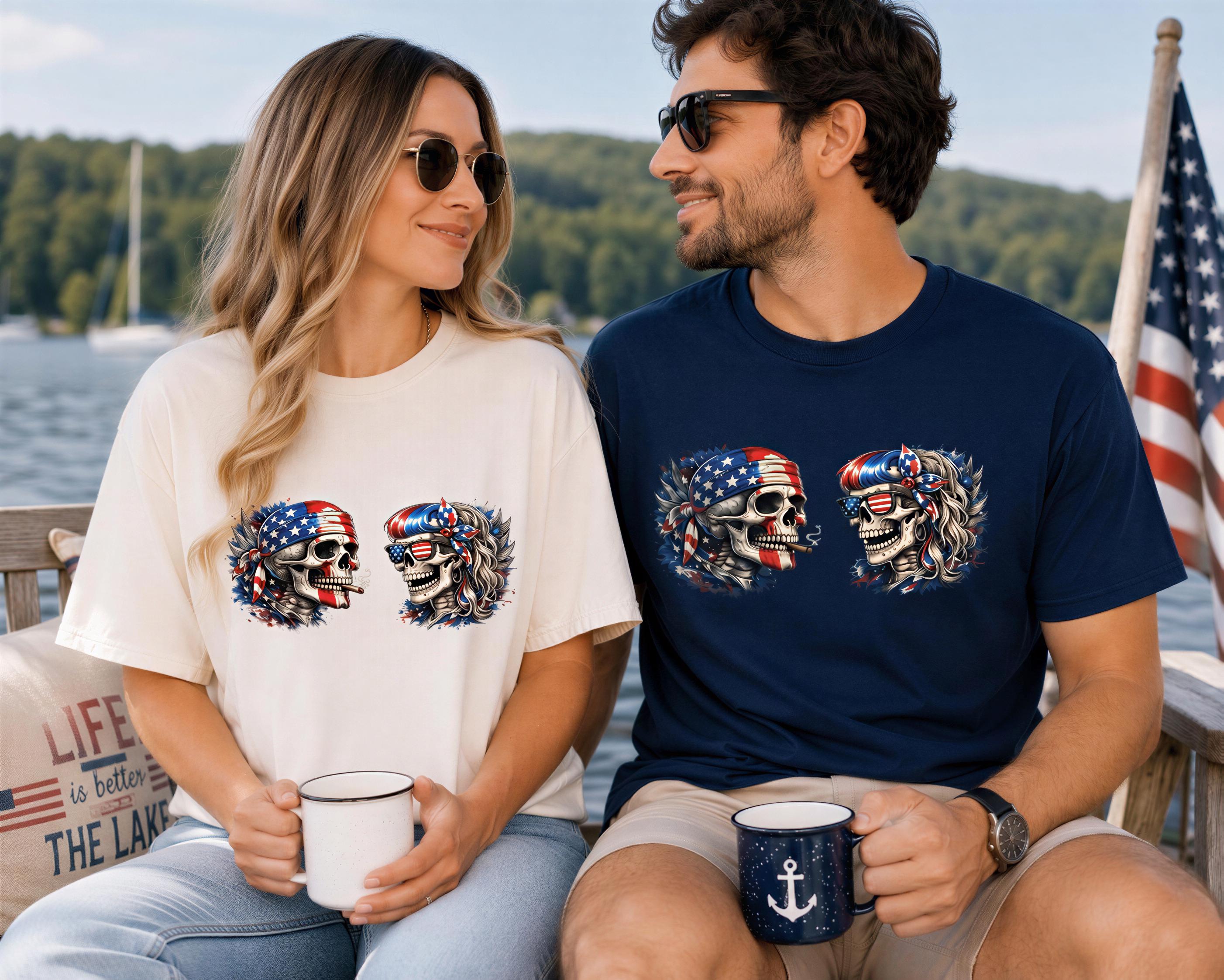A man and a woman sitting together on a bench, each wearing a t-shirt with a skull design and an American flag pattern.