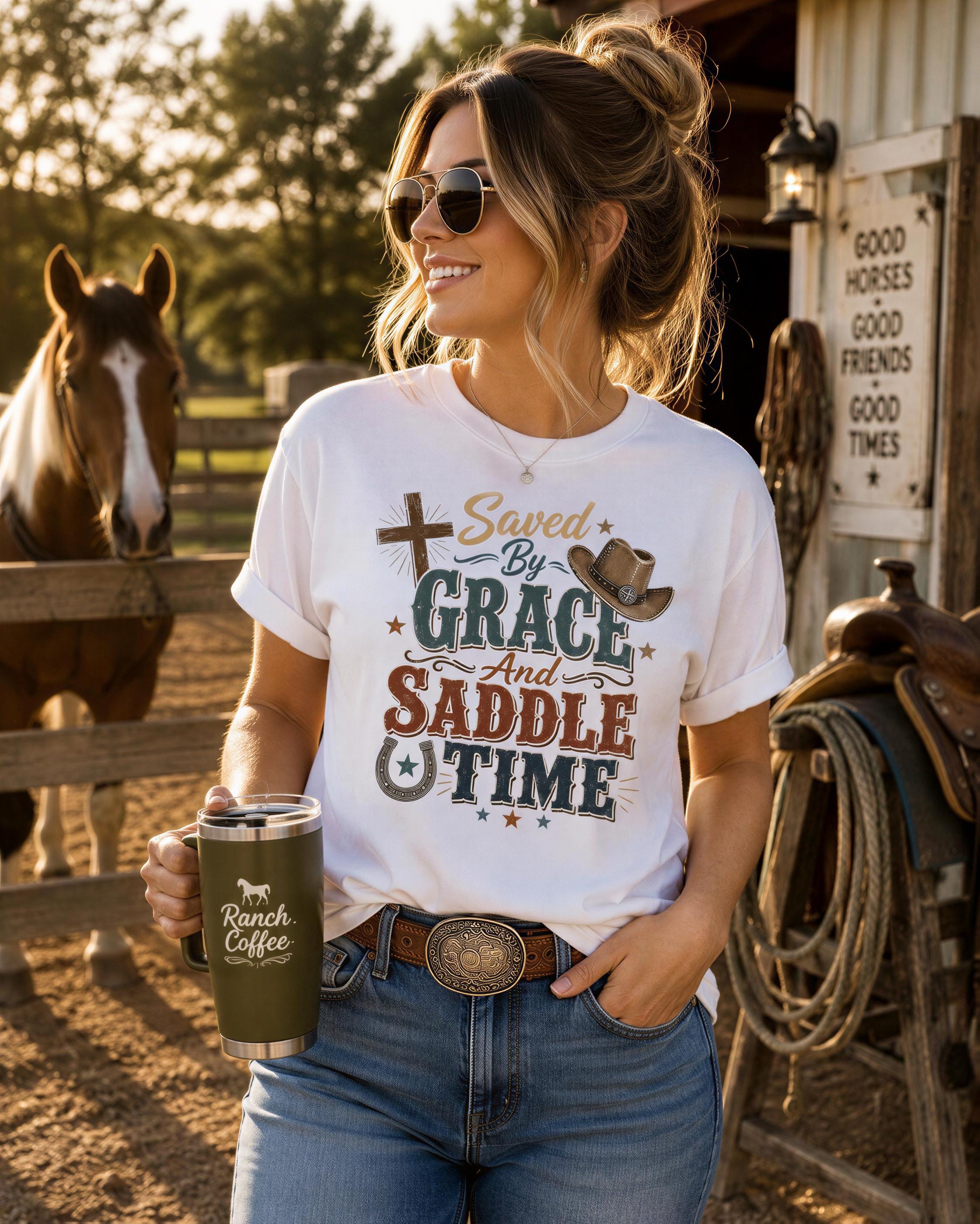 A woman wearing sunglasses and a white t-shirt with a graphic design stands in front of a wooden fence, holding a green tumbler with the text "Ranch Coffee" printed on it.