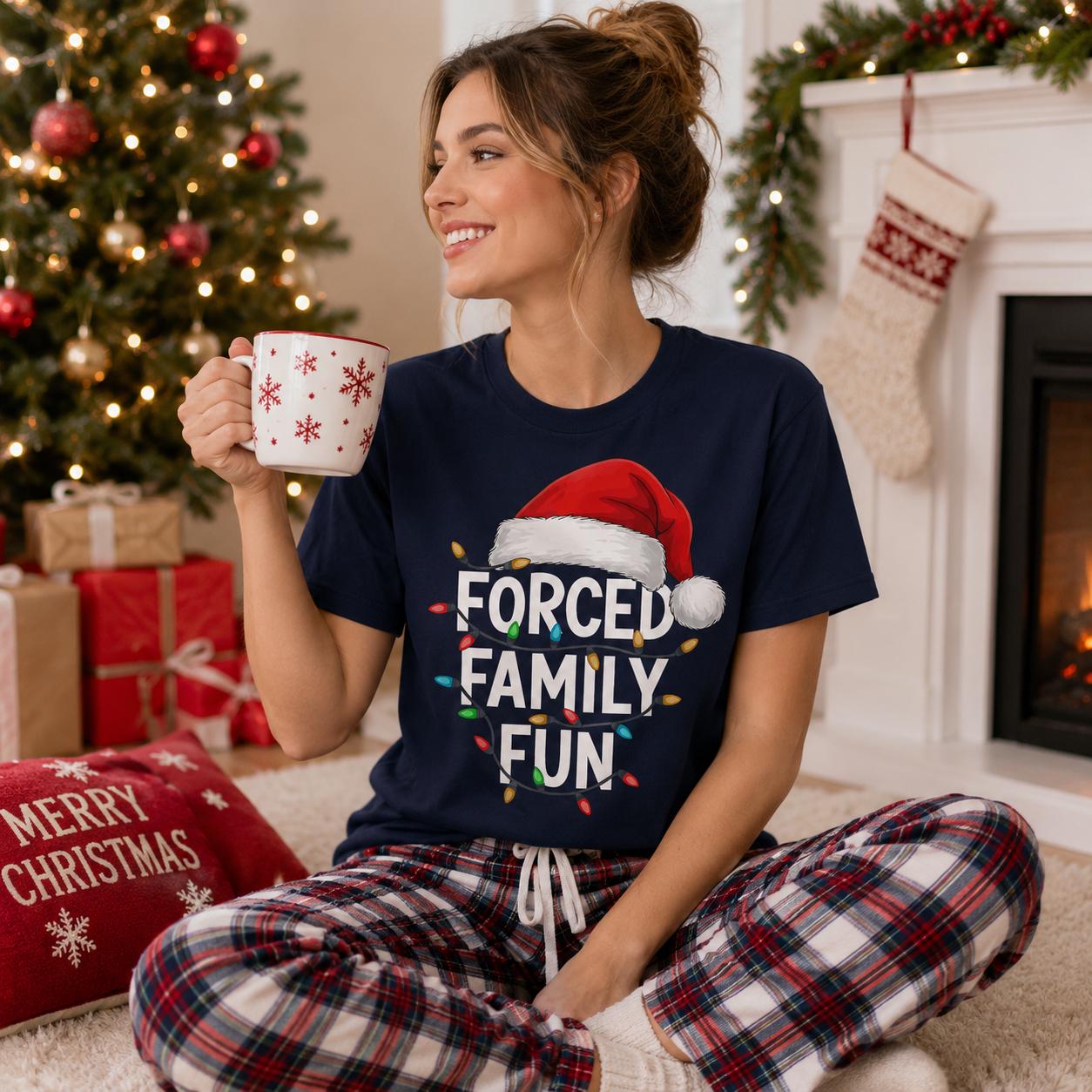 A woman in a blue t-shirt with a Santa hat and the text "FORCED FAMILY FUN" is sitting on the floor, holding a mug and smiling.