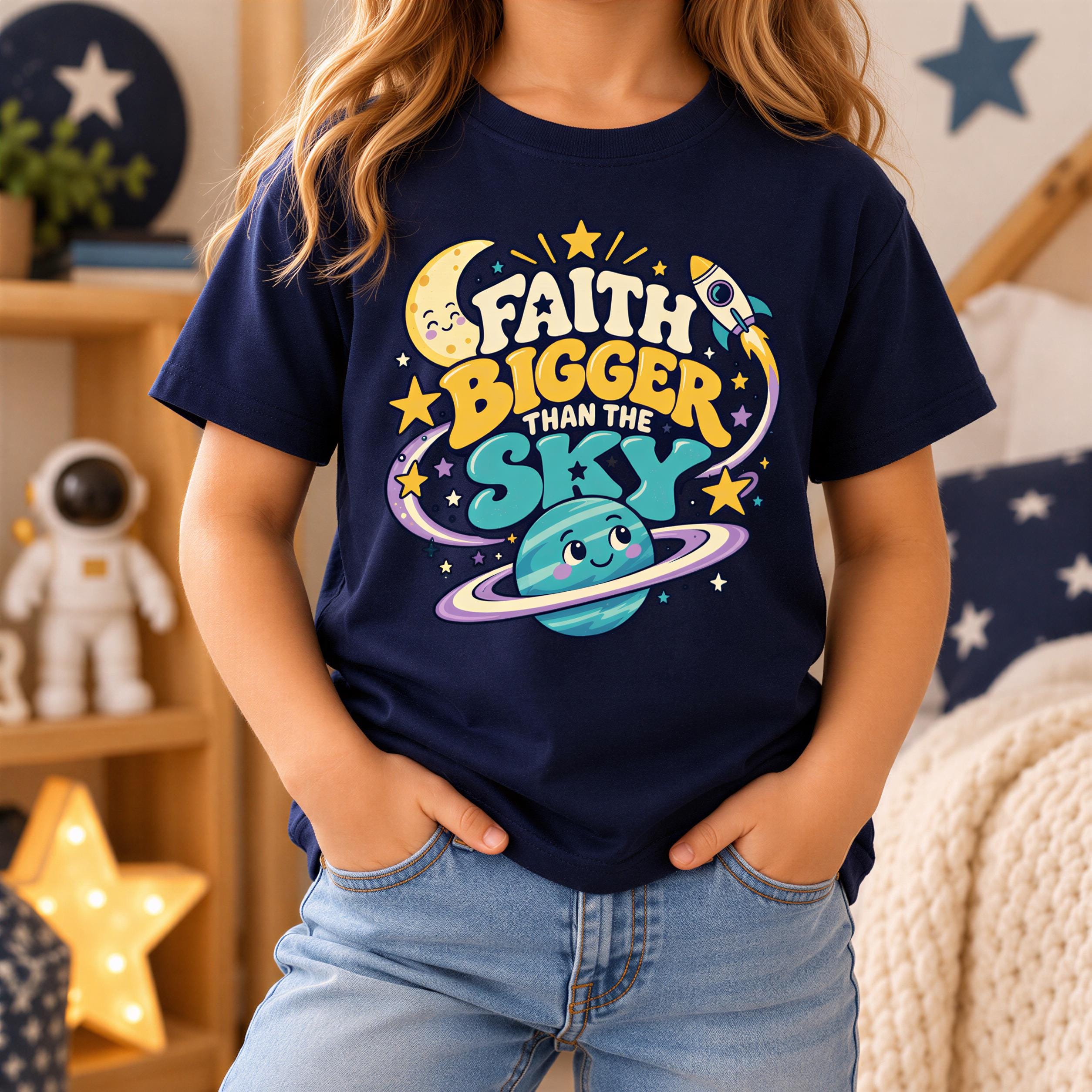 A person wearing a navy blue t-shirt with a colorful graphic design featuring a planet, a rocket, and stars.