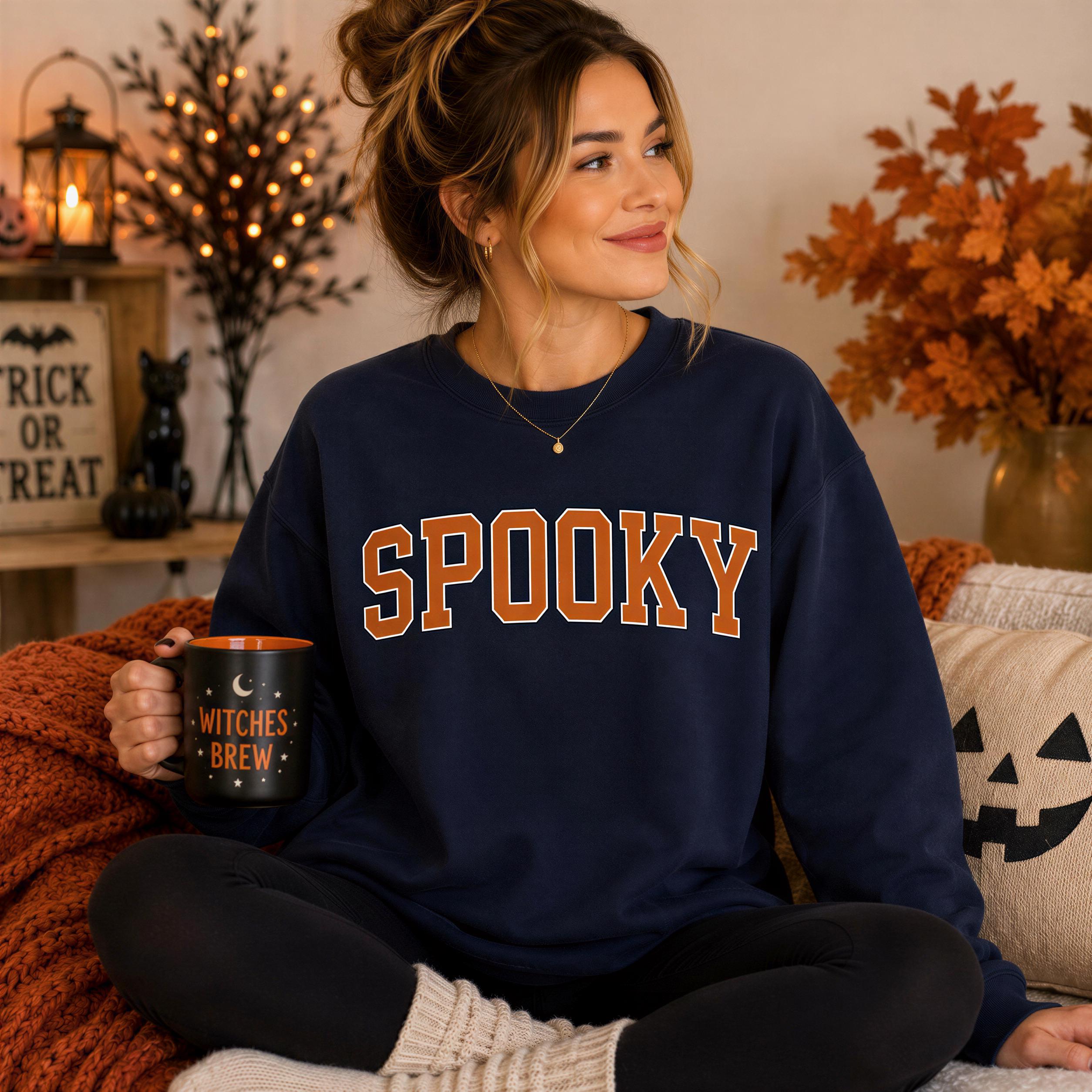 A woman sitting on a couch, wearing a navy blue sweatshirt with the word "SPOOKY" printed on it, and holding a mug with the text "WITCHES BREW" printed on it. The background includes a Halloween-themed decor, such as a carved pumpkin and a "TRICK OR TREAT" sign.