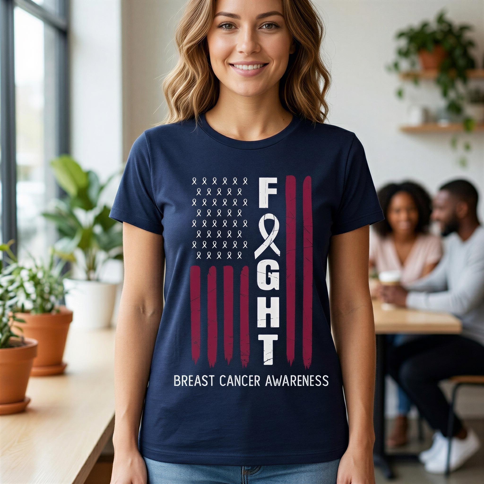 A woman wearing a navy blue t-shirt with a graphic design that says "FIGHT BREAST CANCER AWARENESS" and features an American flag pattern.