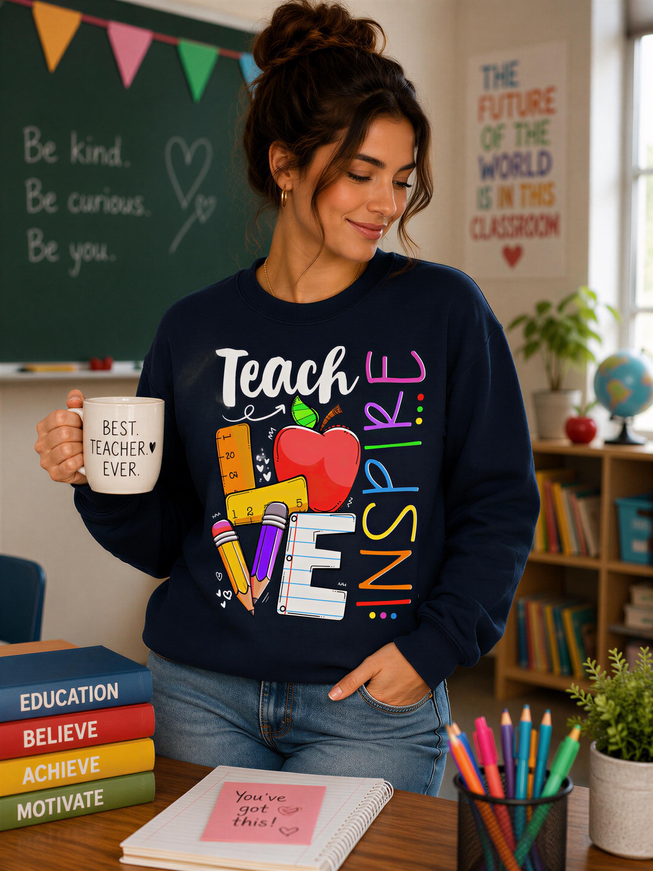 A woman wearing a black sweatshirt with a colorful design stands in a classroom, holding a coffee mug with the words "Teach Love, Be Curious, Be Kind, Be a Teacher" printed on it. She is surrounded by books, a potted plant, and a bulletin board with inspirational messages.