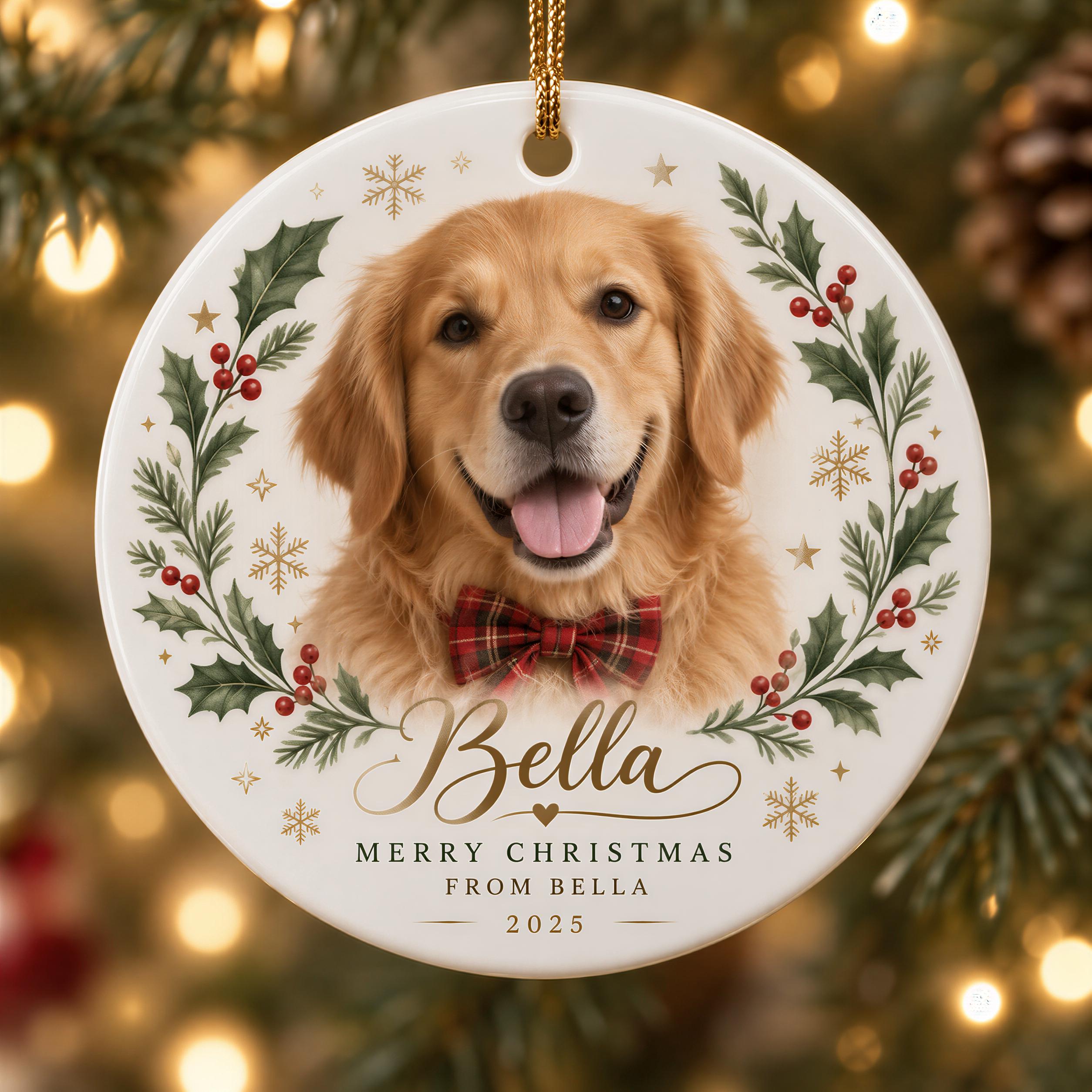 A white ornament with a golden retriever dog wearing a red bow tie, surrounded by holly leaves and berries, with the name "Bella" and the message "Merry Christmas from Bella" written on it.