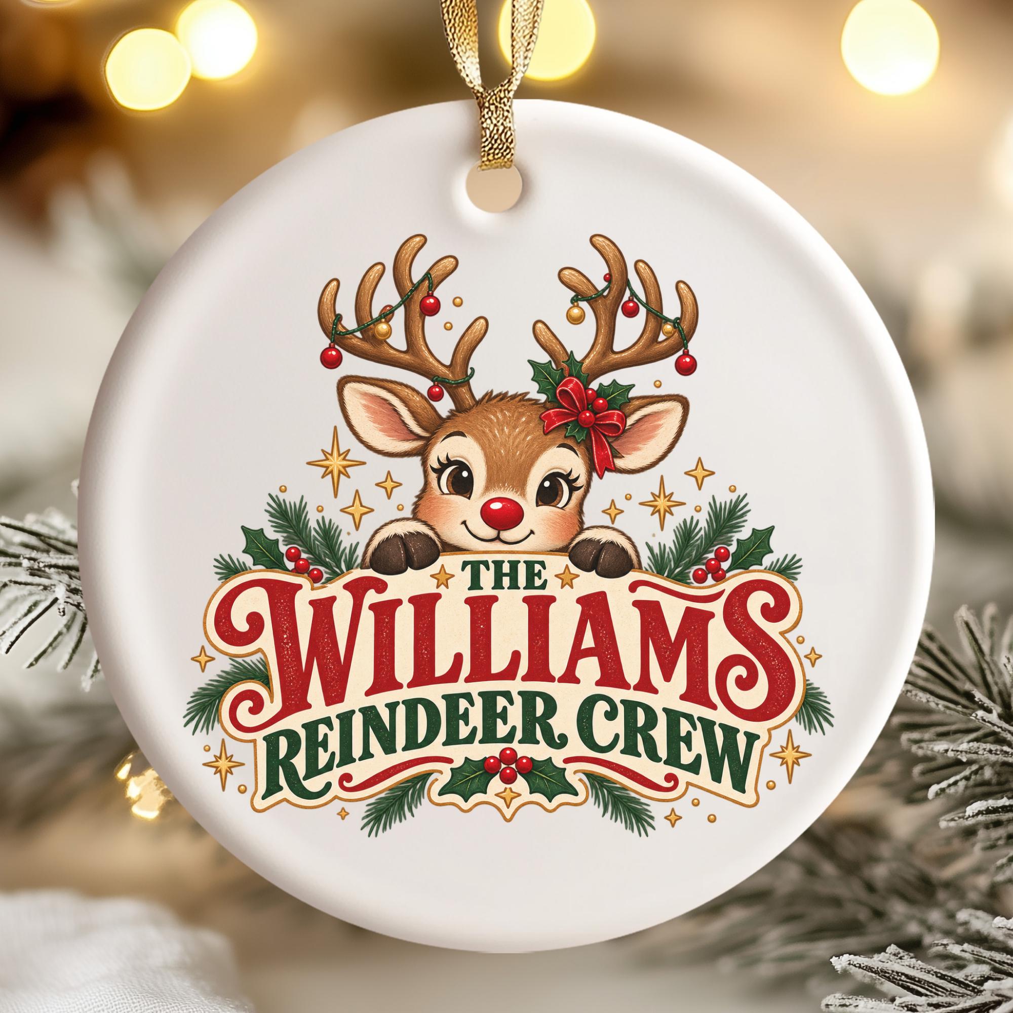A white ornament with a reindeer and the text "The Williams Reindeer Crew" printed on it.
