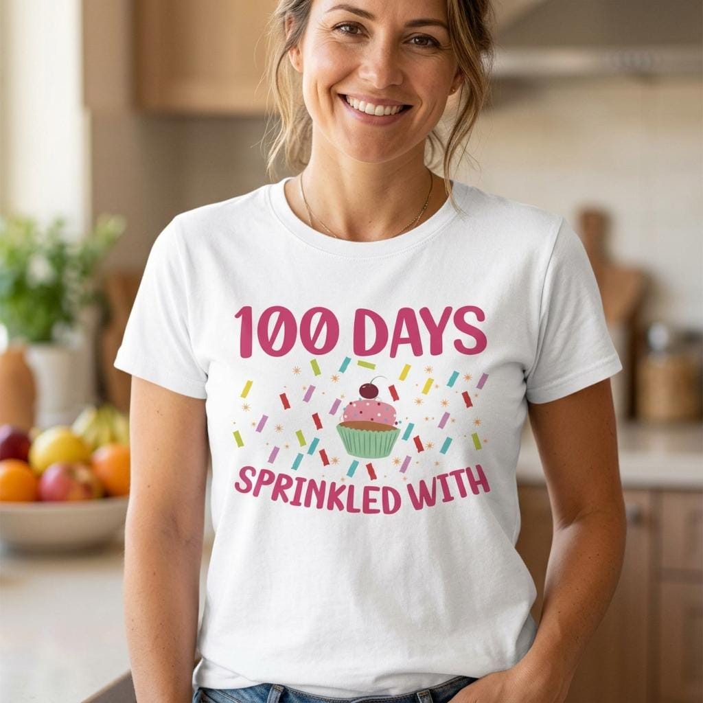 A woman wearing a white t-shirt with a graphic design that says "100 DAYS SPRINKLED WITH" and features a cupcake with sprinkles.