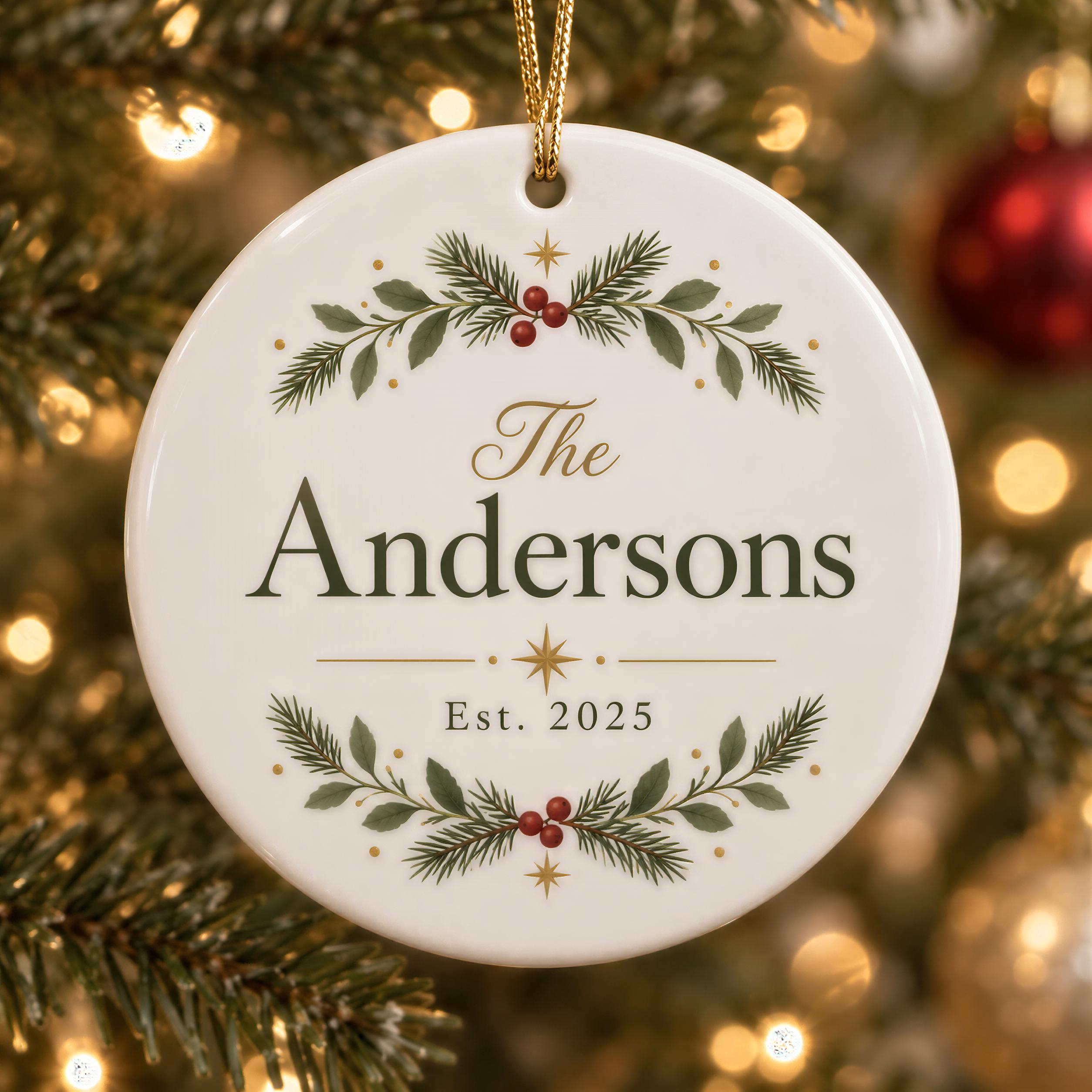 A white ceramic ornament with a gold design hangs on a Christmas tree, featuring the name "The Andersons" and the year "Est. 2025".