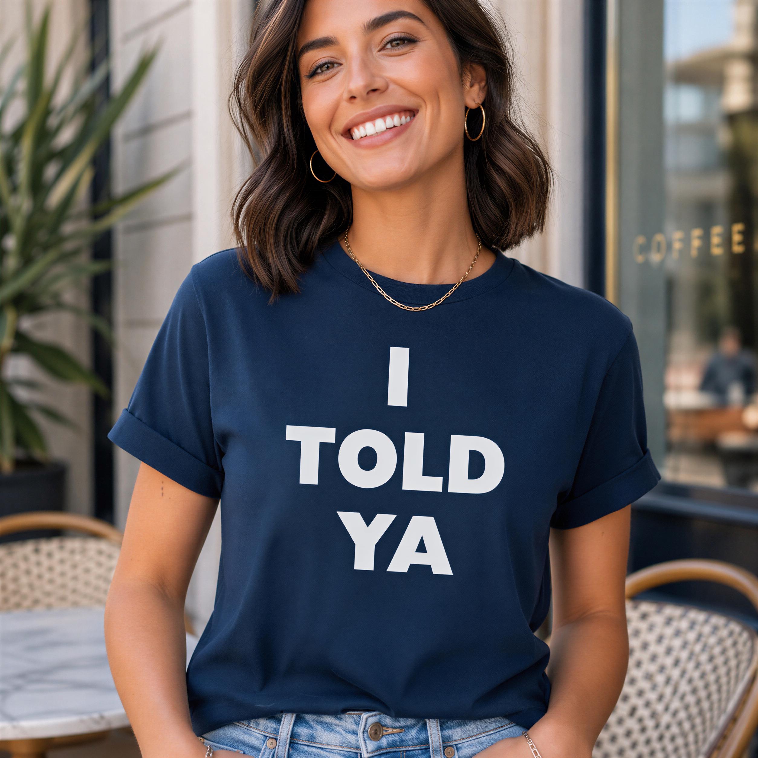 A woman wearing a navy blue t-shirt with the text "I TOLD YA" is smiling and posing in front of a coffee shop.