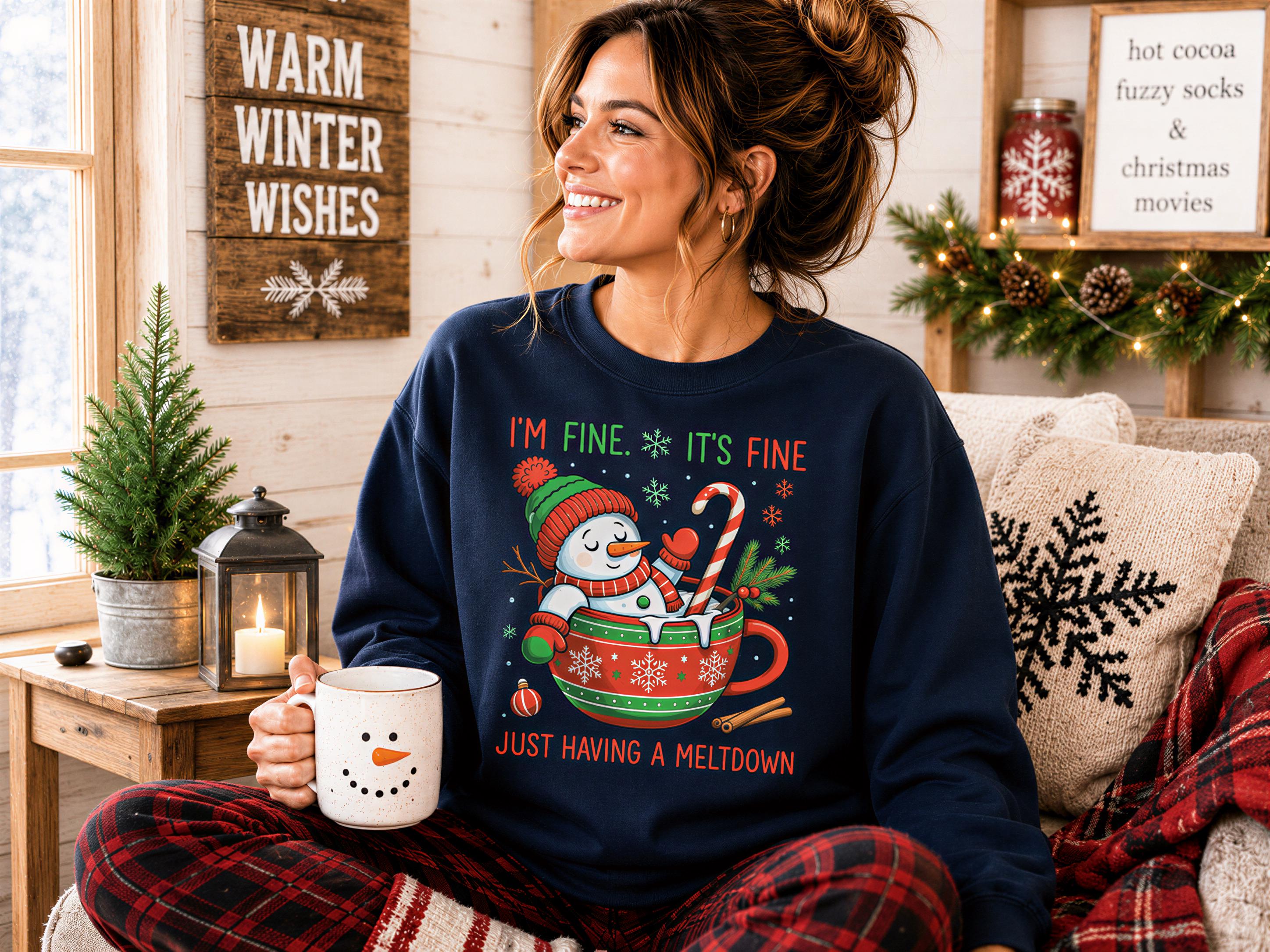 A woman wearing a blue sweatshirt with a snowman graphic and text, sitting on a couch and holding a mug with a snowman face on it.