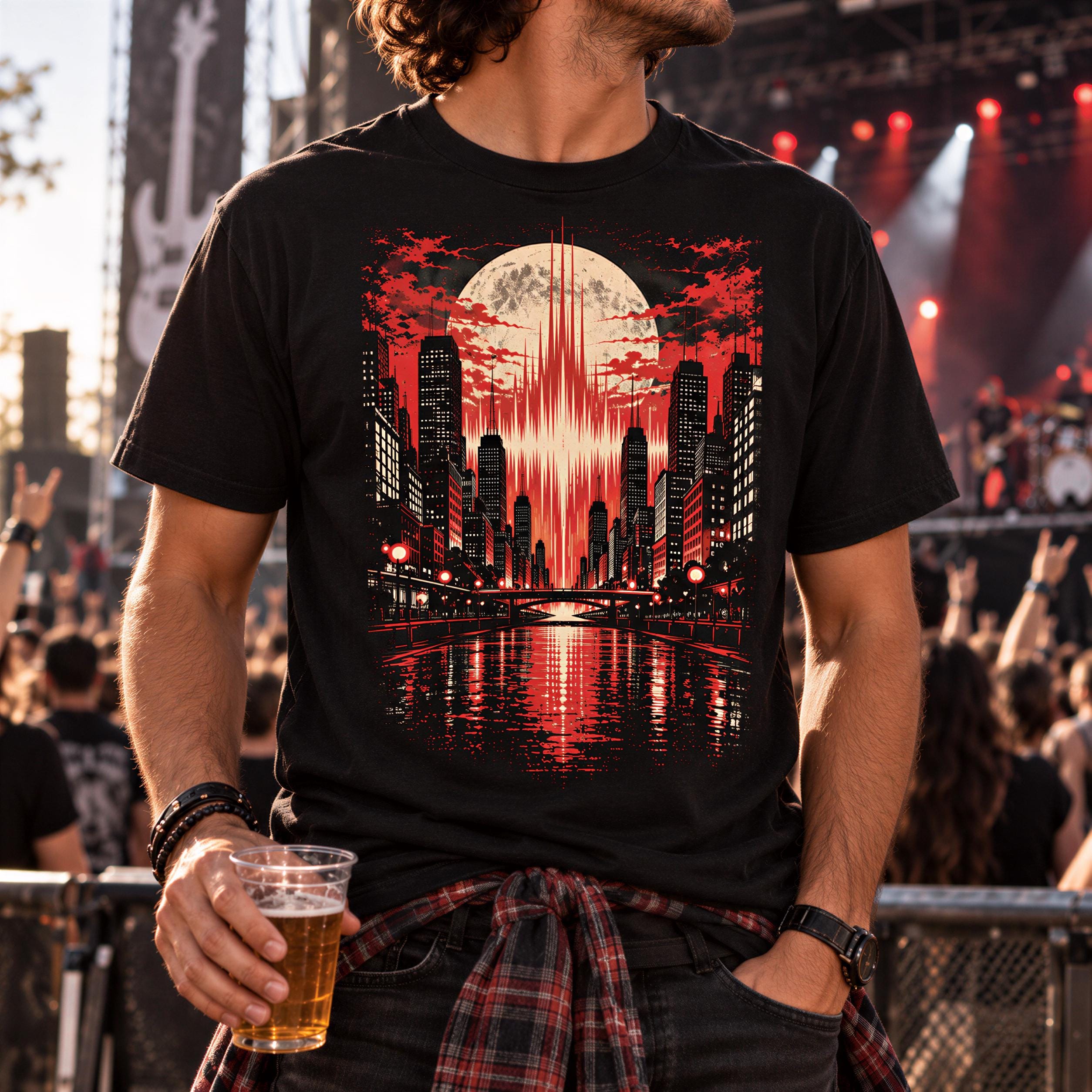 A person wearing a black t-shirt with a graphic design of a cityscape and a large moon, holding a glass of beer at an outdoor event.