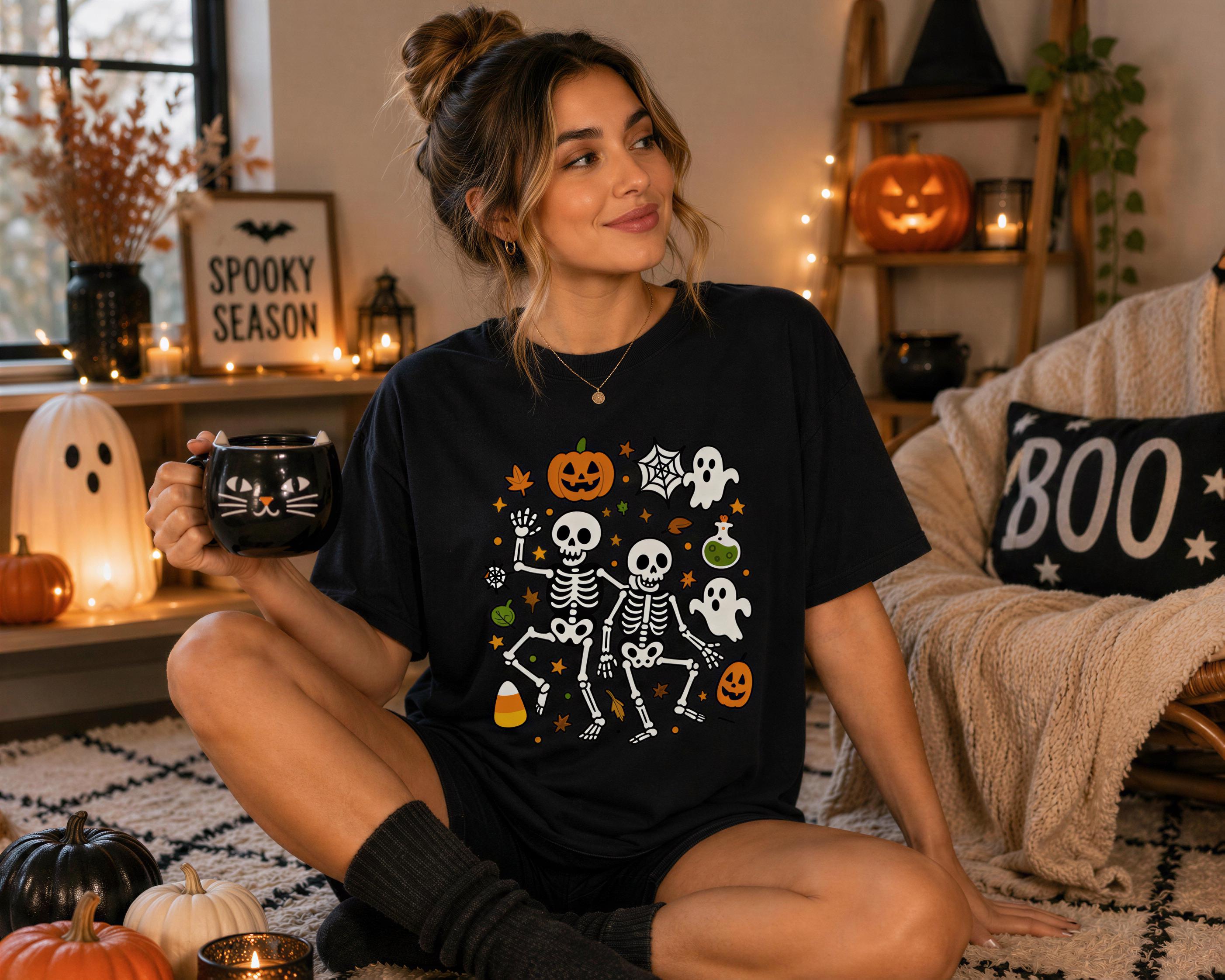 A woman sits on the floor, wearing a black t-shirt with a Halloween-themed design, holding a black mug with a cat face. The room is decorated for Halloween, with a skeleton, jack-o-lantern, and other spooky elements.