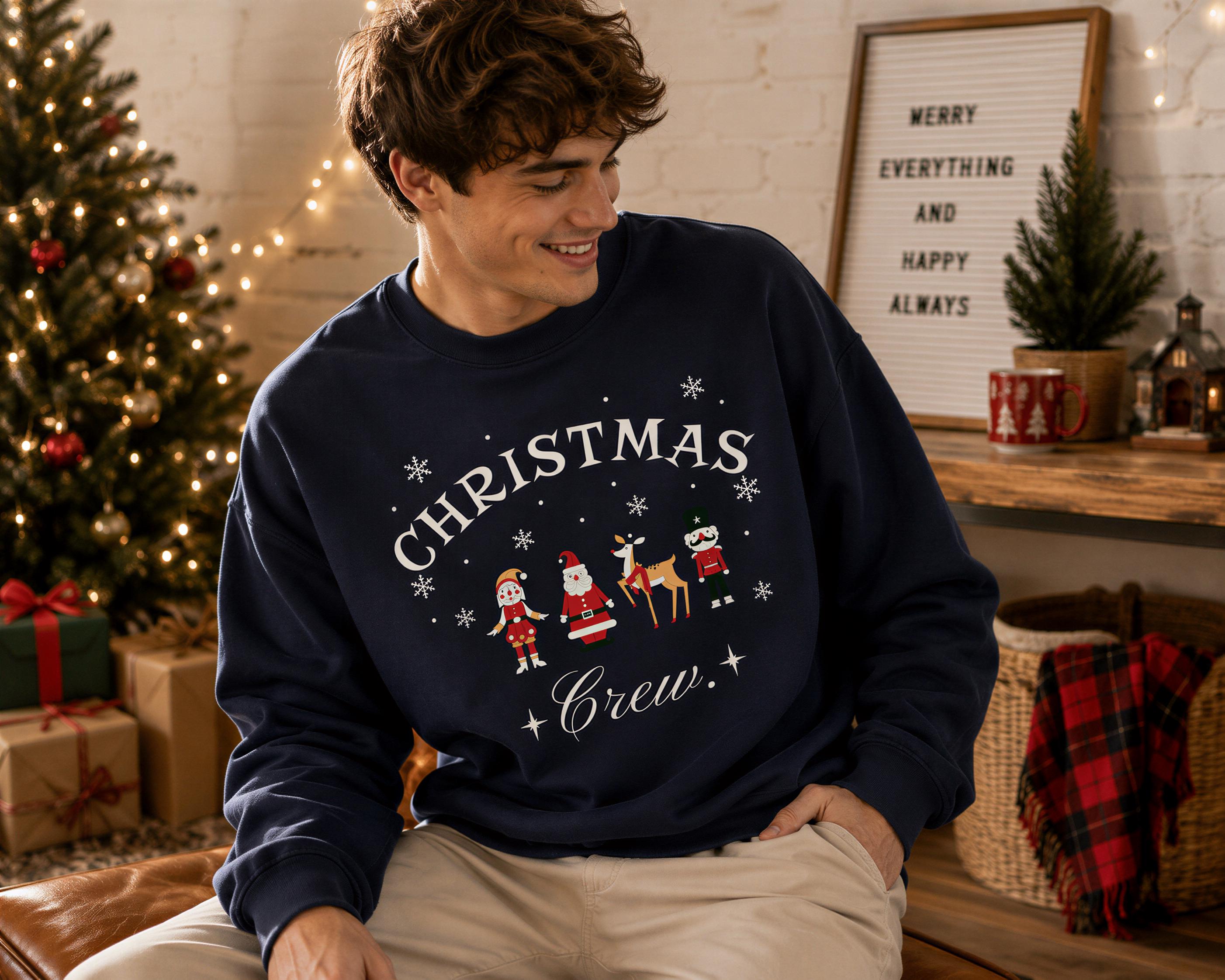 A smiling man wearing a navy blue Christmas crew sweatshirt sits in front of a Christmas tree and a sign that says "Merry Everything and Happy Always".