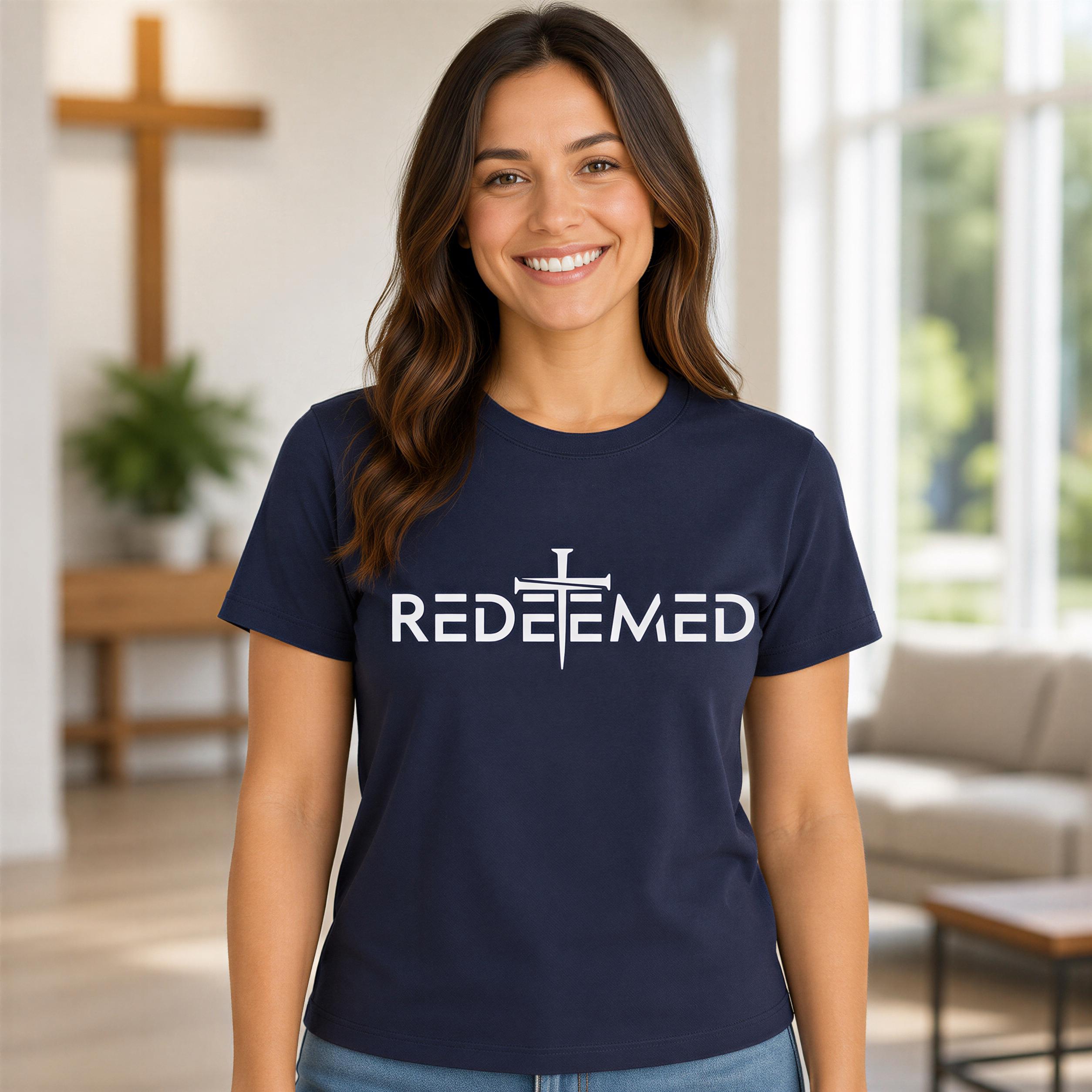 A woman wearing a navy blue t-shirt with the text "REDEEMED" printed on it, smiling at the camera.