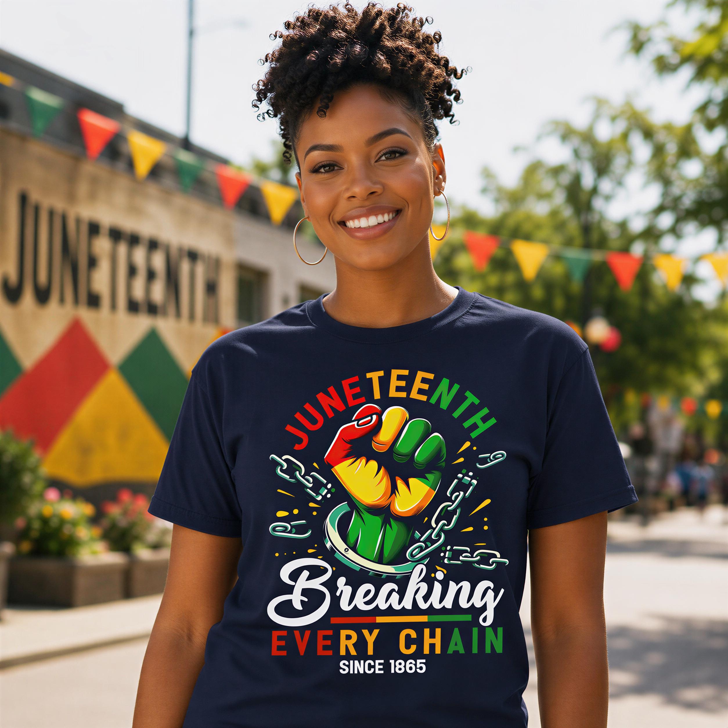 A smiling woman wearing a blue t-shirt with a colorful graphic design and text.