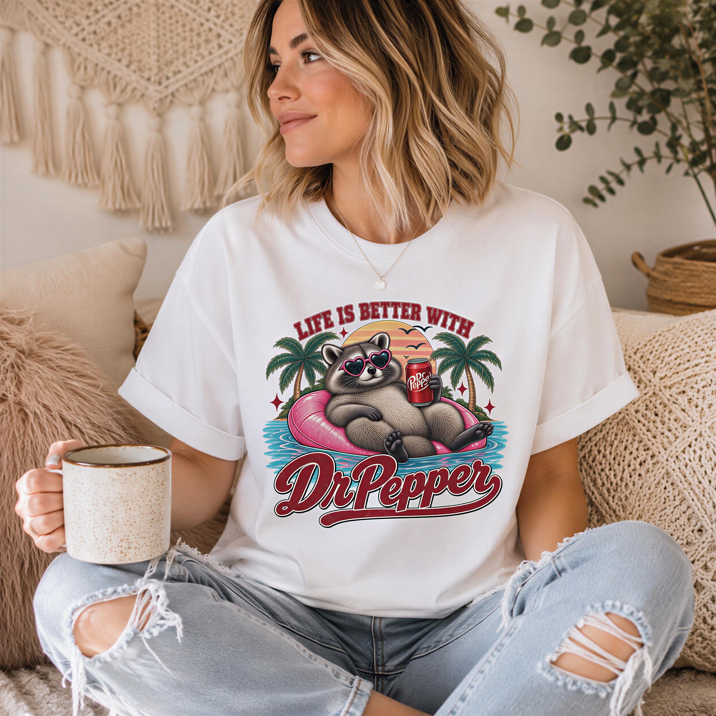 A woman wearing a white t-shirt with a graphic design of a raccoon and a red soda can, sitting on a couch and holding a coffee mug.