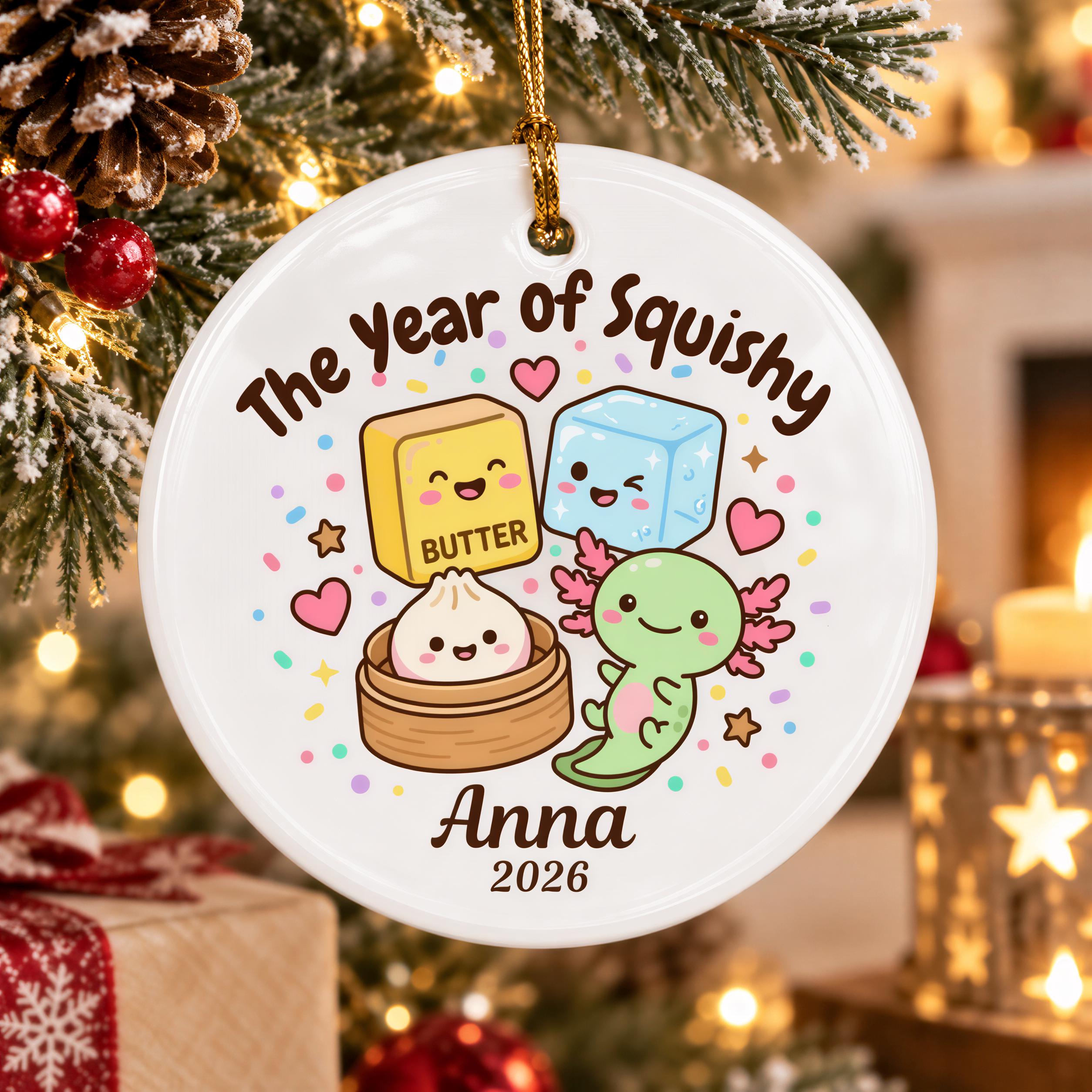 A white ornament with a cartoon illustration of a character named Anna, surrounded by various cute and whimsical elements such as a smiling ice cube, a smiling banana, and a smiling cat.