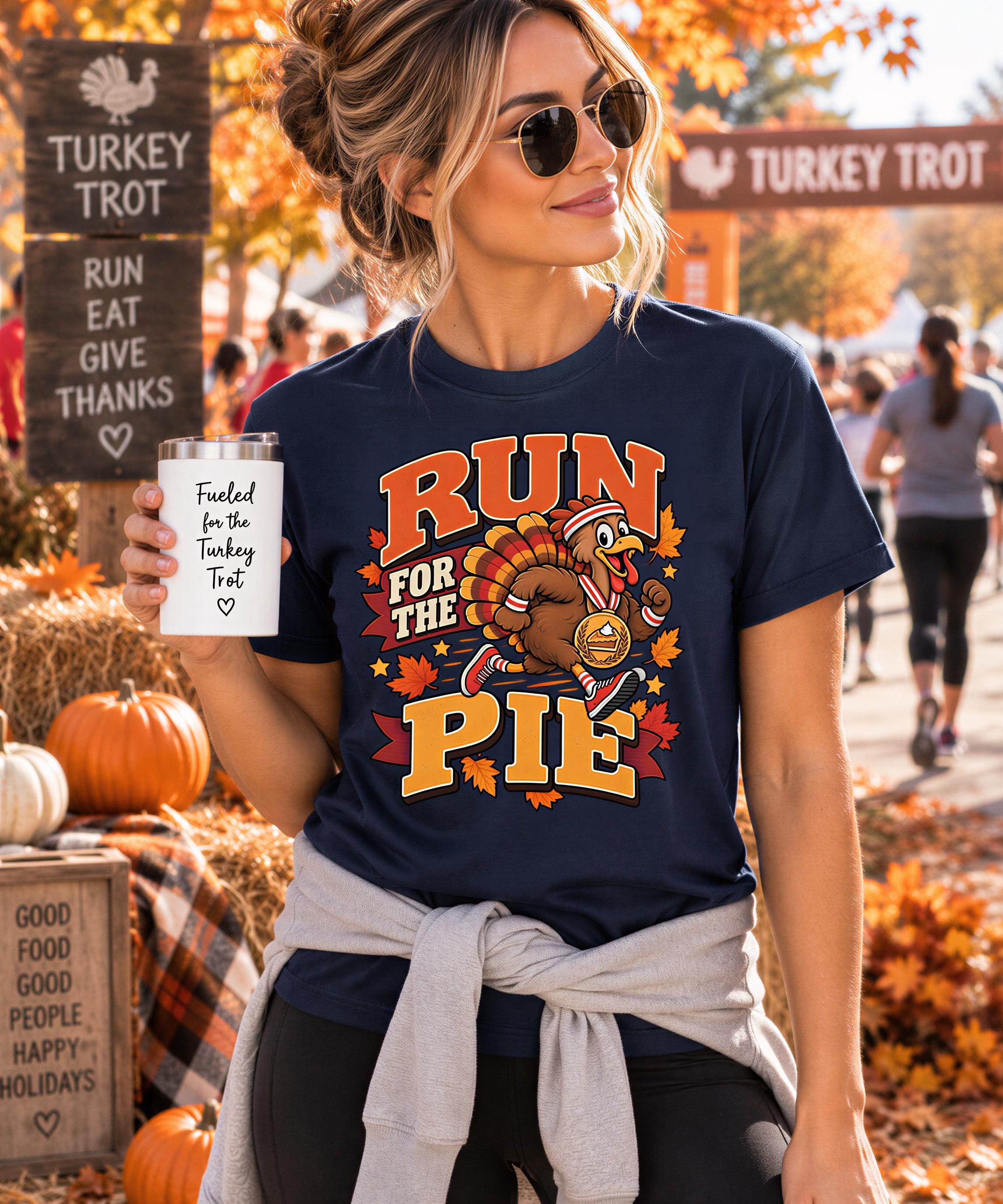 A woman wearing a blue t-shirt with a turkey graphic and the text "Run for the Pie" is holding a white mug with the text "Fuelled for the Turkey Trot" printed on it. She is standing in front of a sign that says "Turkey Trot" and there are pumpkins and hay bales in the background.