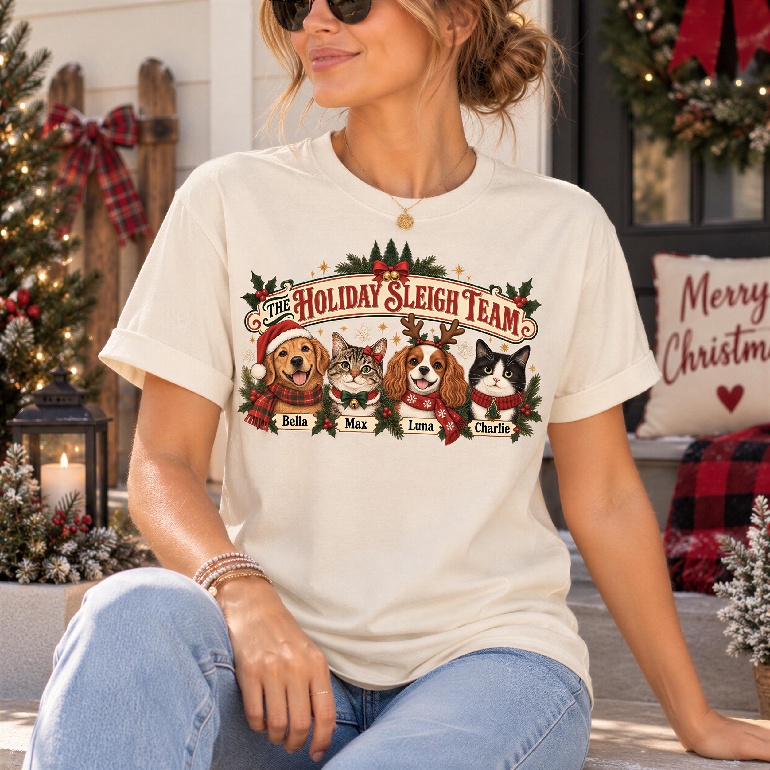 A woman wearing a white t-shirt with a graphic design of three dogs and cats, along with the text "The Holiday Sleigh Team" and the names "Bella, Max, Luna, Charlie".