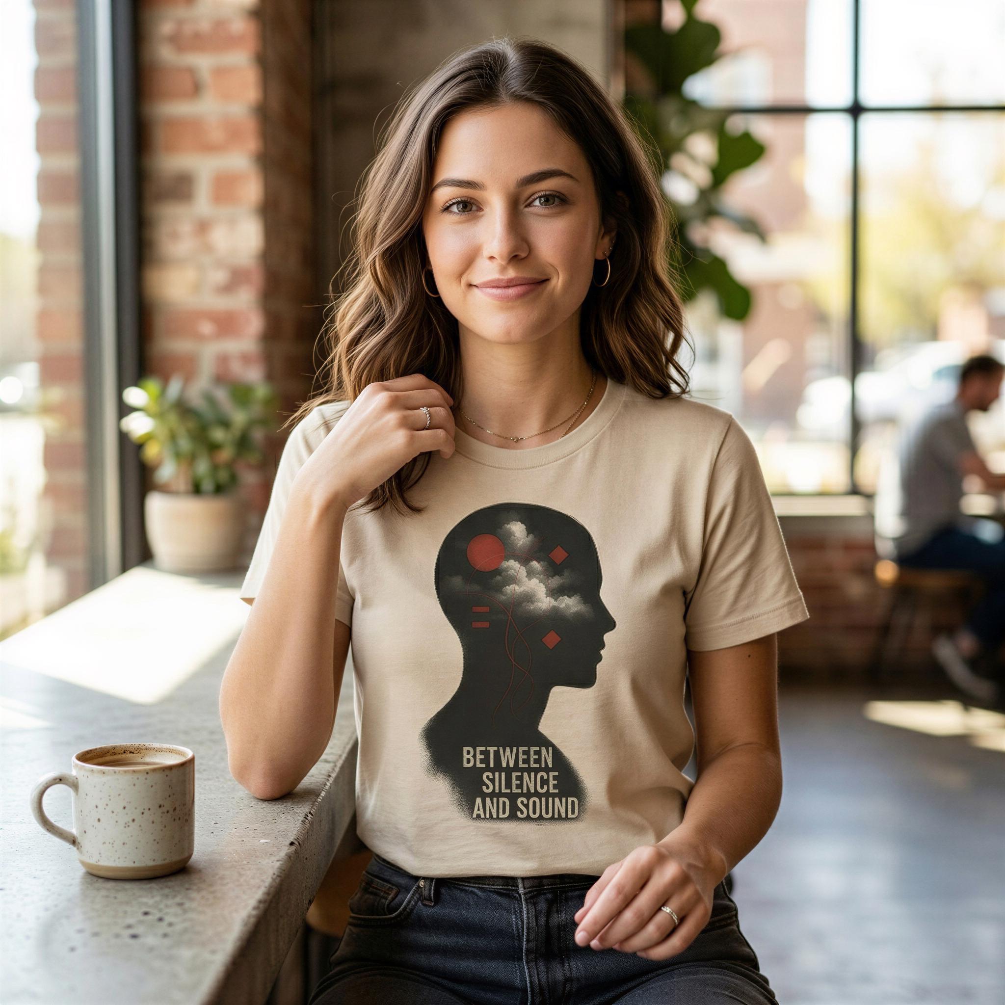 A young woman wearing a t-shirt with a graphic design of a head silhouette and text, smiling at the camera.