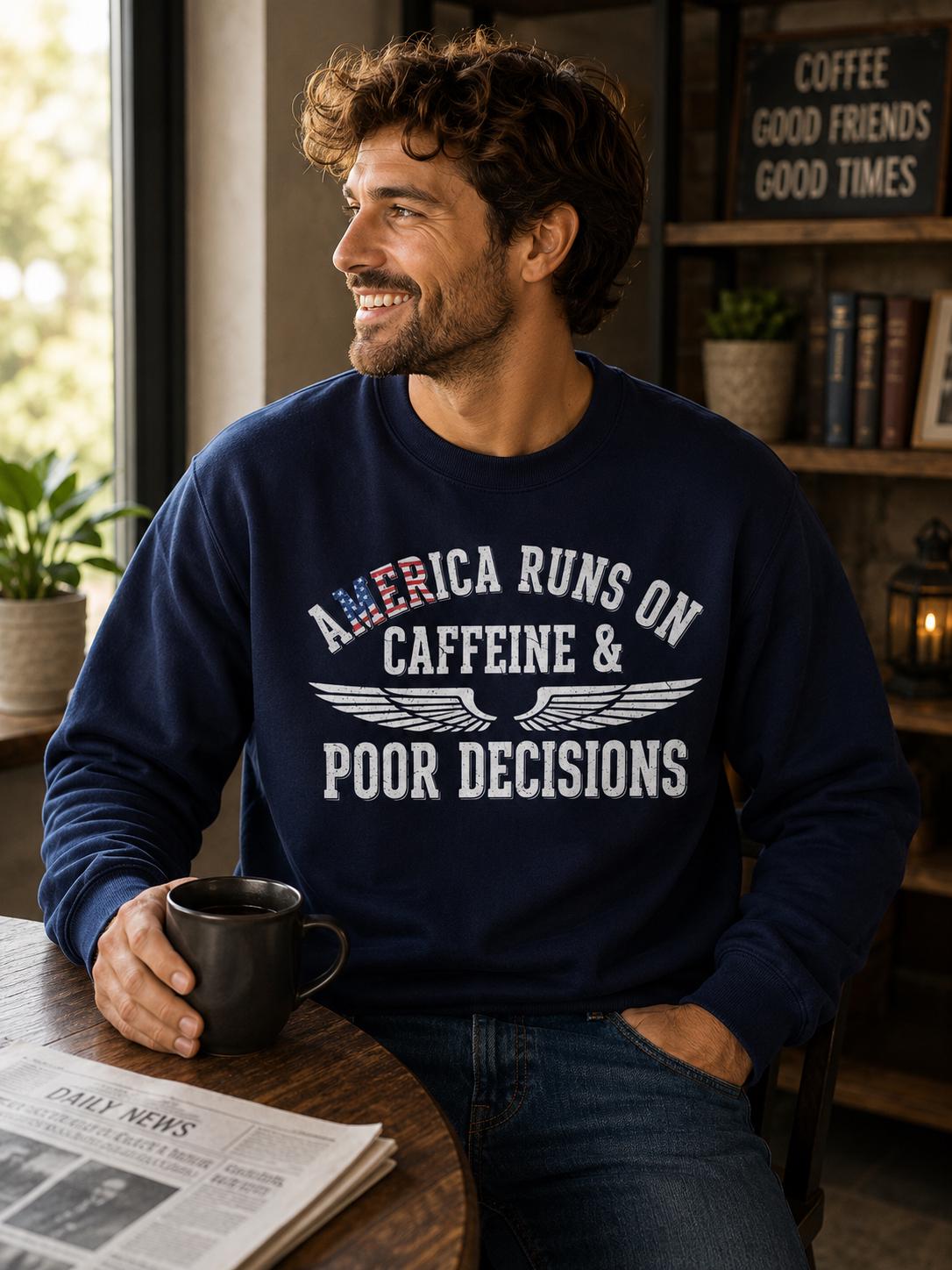 A man wearing a navy blue sweatshirt with the text "AMERICA RUNS ON CAFFEINE & POOR DECISIONS" is sitting at a table in a coffee shop, smiling and holding a cup of coffee.