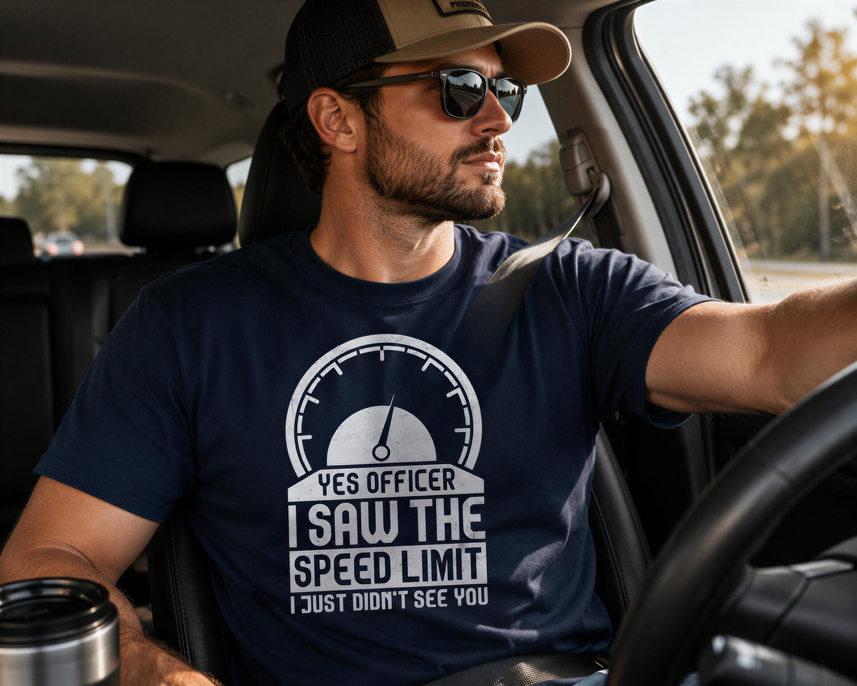 A man wearing a blue t-shirt with a humorous text and a cap is sitting in the driver's seat of a car, looking out the window.
