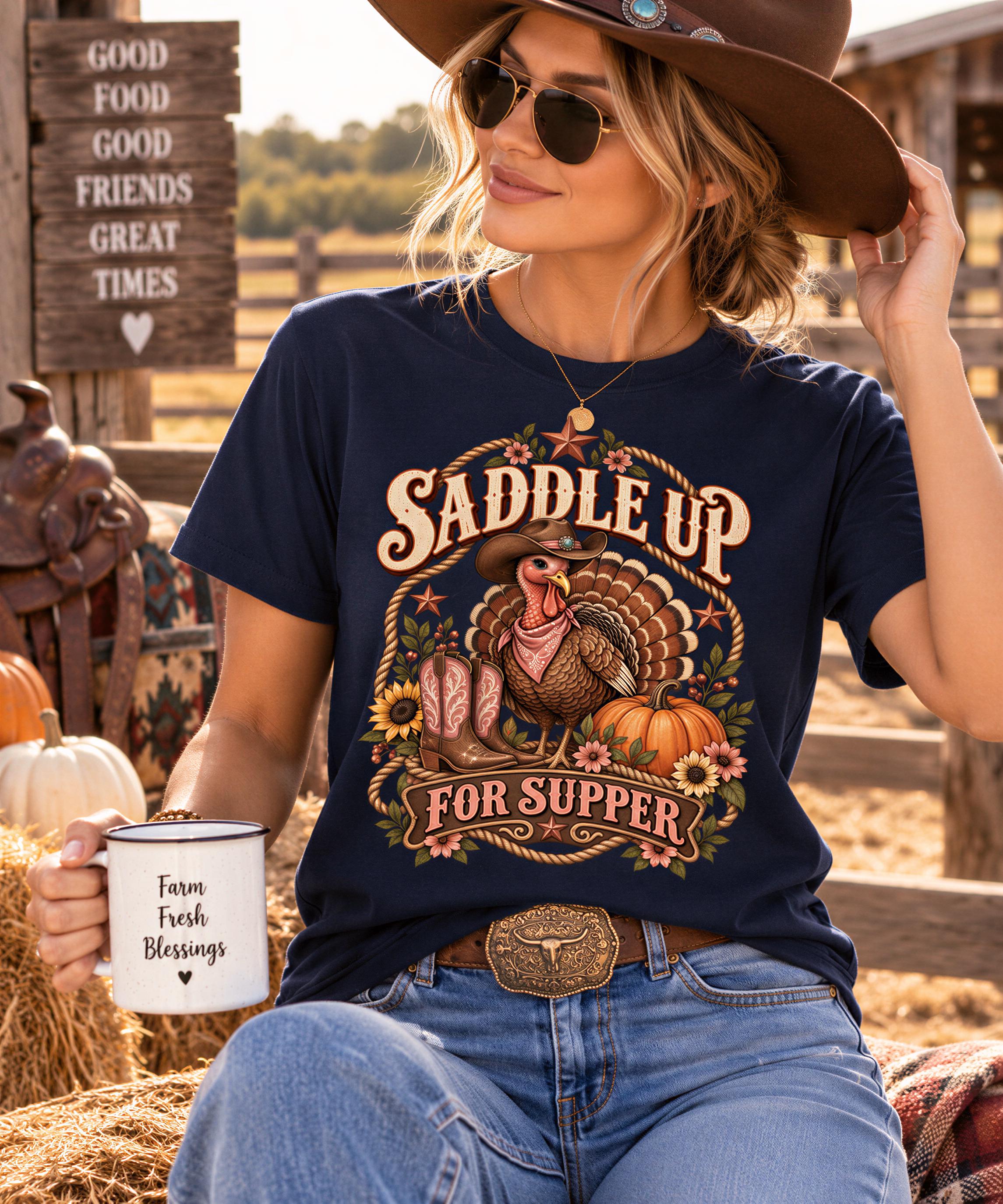 A woman wearing a cowboy hat and sunglasses is sitting on a hay bale, holding a coffee mug and wearing a t-shirt with a turkey graphic and the text "Saddle up for supper".