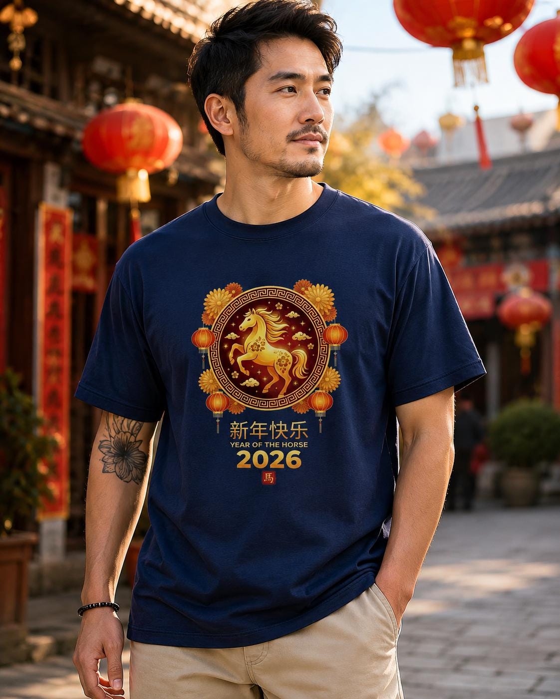 A man wearing a navy blue t-shirt with a gold and red design stands in front of a traditional Chinese building with red lanterns hanging from the roof.