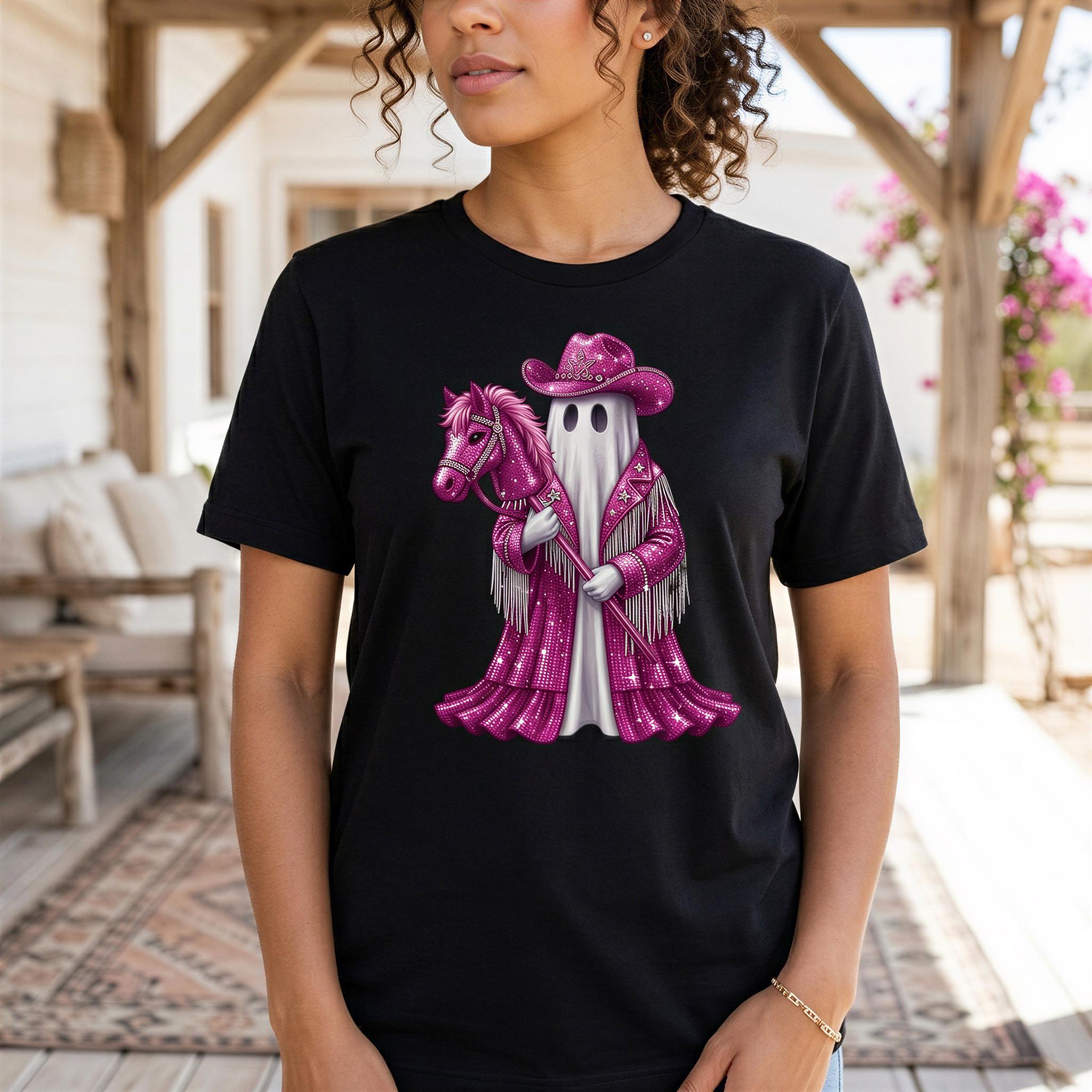 A woman wearing a black t-shirt with a graphic design of a ghost dressed in a pink outfit, holding a horse.
