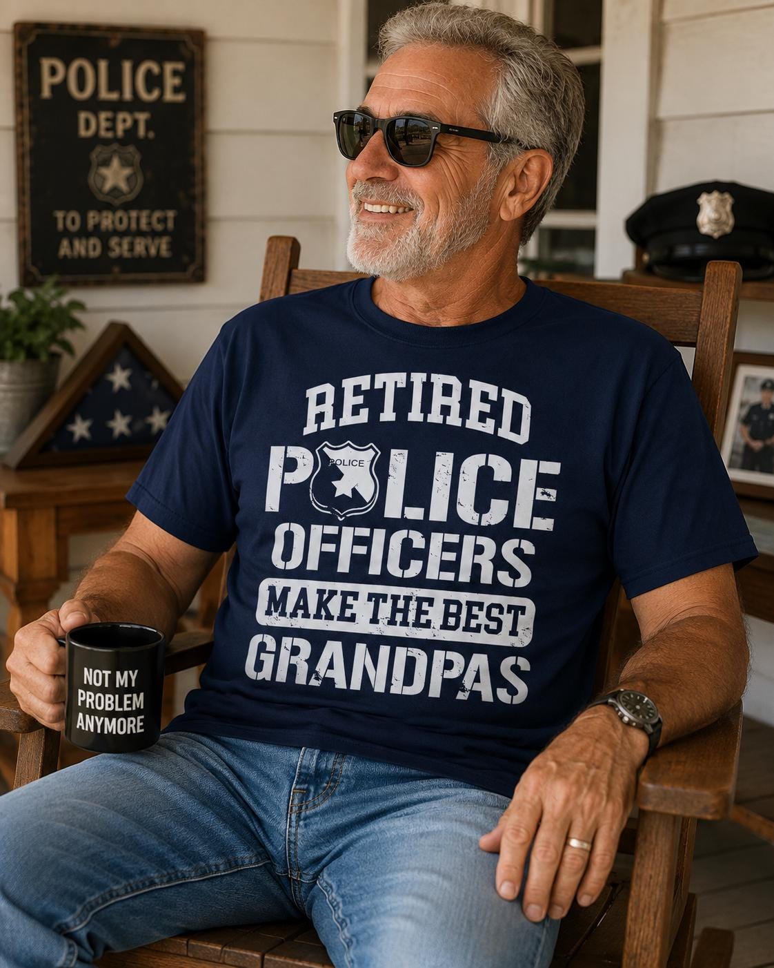 A man wearing a navy blue t-shirt with text and sunglasses is sitting in a wooden chair, holding a mug with text on it.