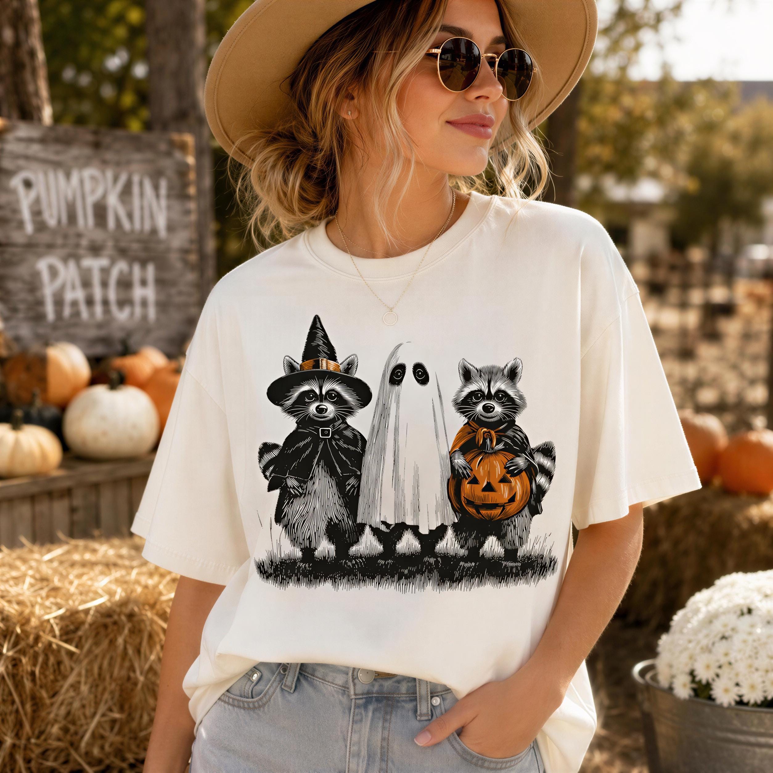 A woman wearing a white t-shirt with a graphic of raccoons dressed as a witch and a ghost, standing in front of a pumpkin patch.