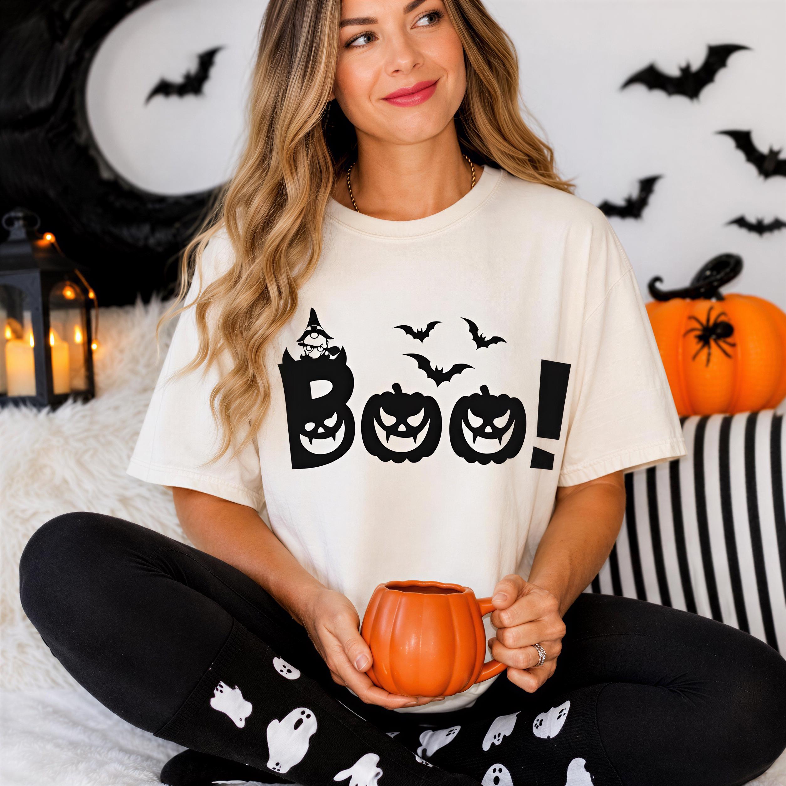 A woman wearing a white t-shirt with a Halloween-themed design is sitting on the floor, holding a pumpkin-shaped mug.