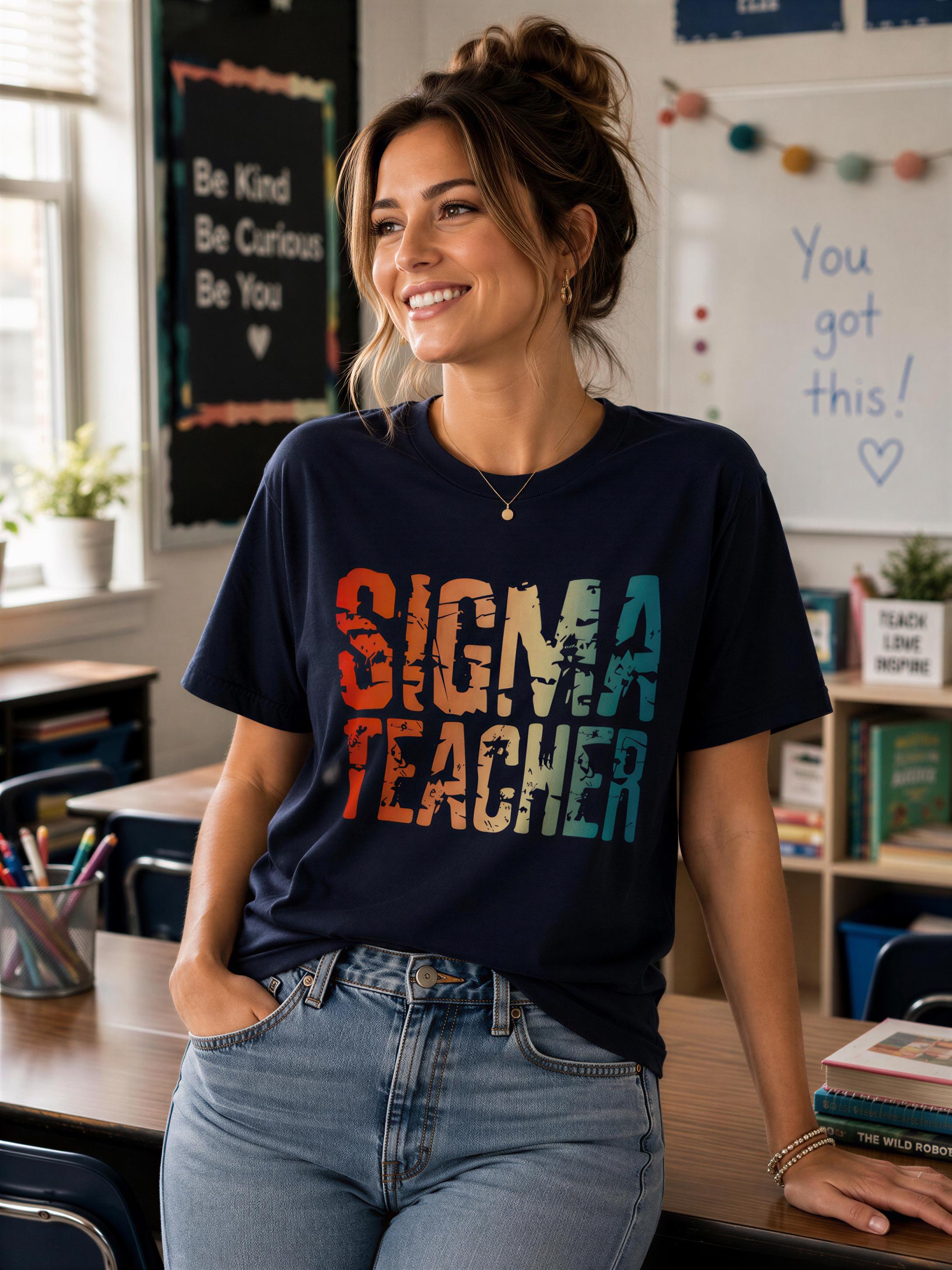 A smiling woman wearing a black t-shirt with the text "SIGMA TEACHER" stands in a classroom setting.