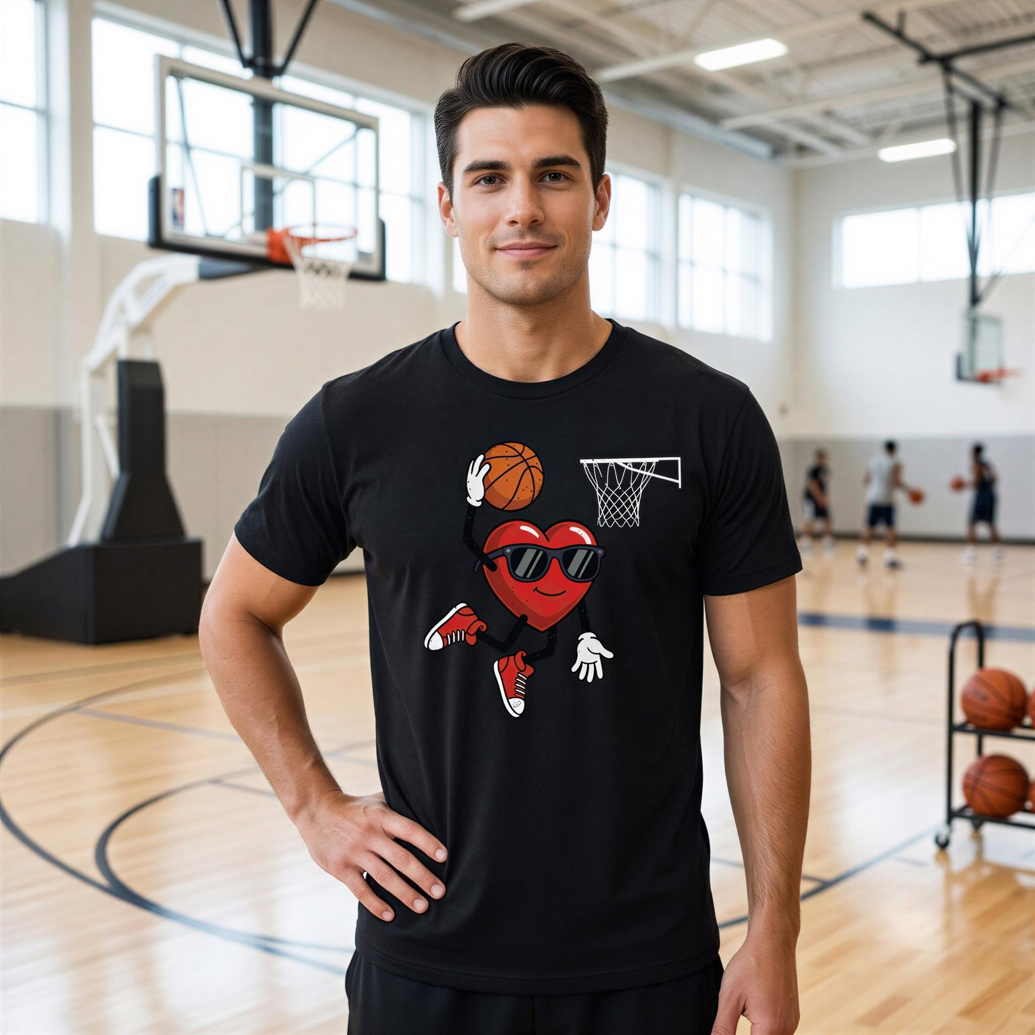 A man wearing a black t-shirt with a basketball graphic and a heart character is standing in a gymnasium.