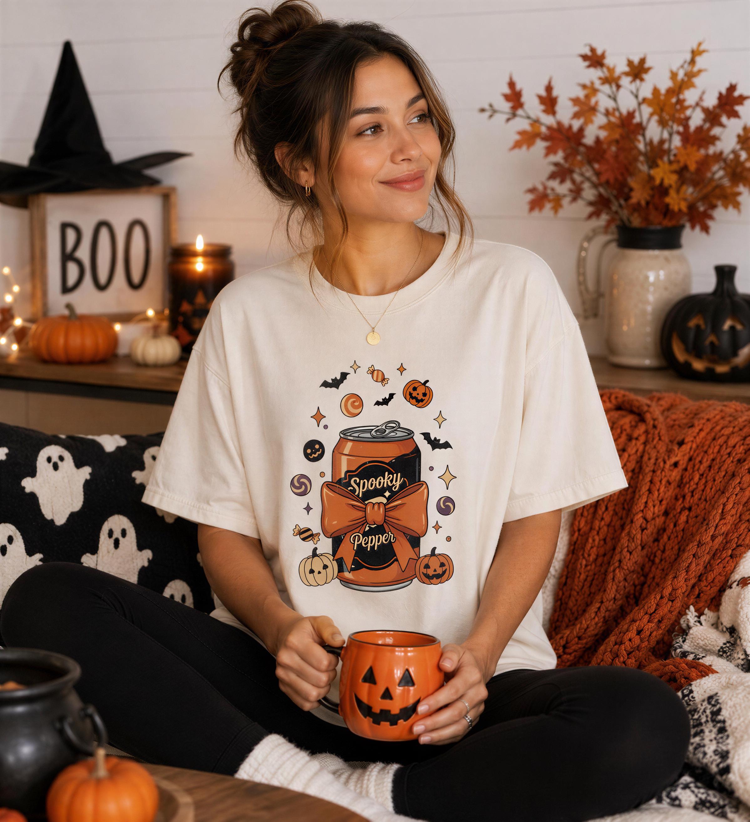 A woman wearing a white t-shirt with a Halloween-themed graphic is sitting on a couch, holding a mug with a Halloween-themed design.