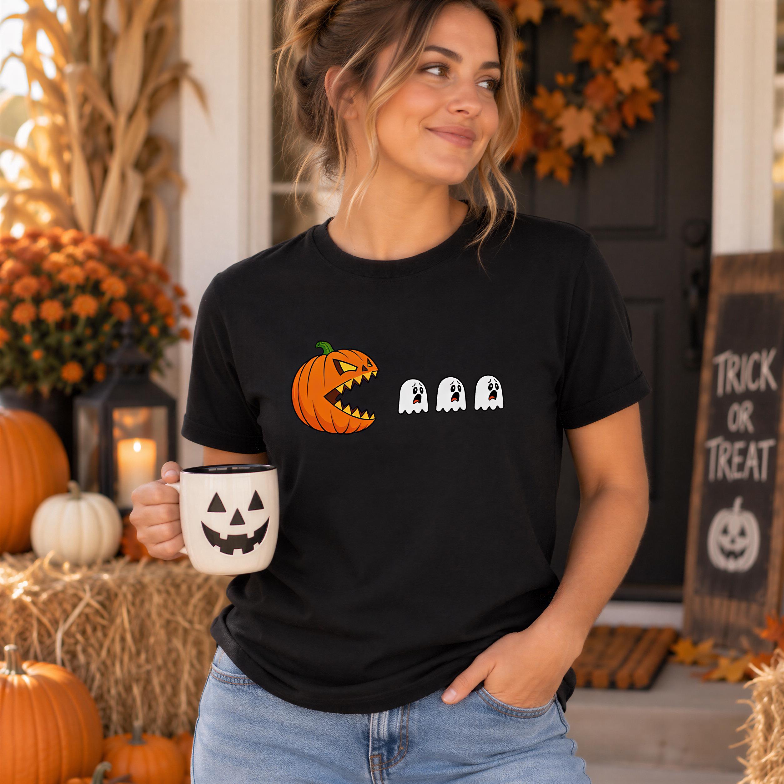 A woman wearing a black t-shirt with a pumpkin and ghost design stands in front of a Halloween-themed porch, holding a mug with a jack-o-lantern face.