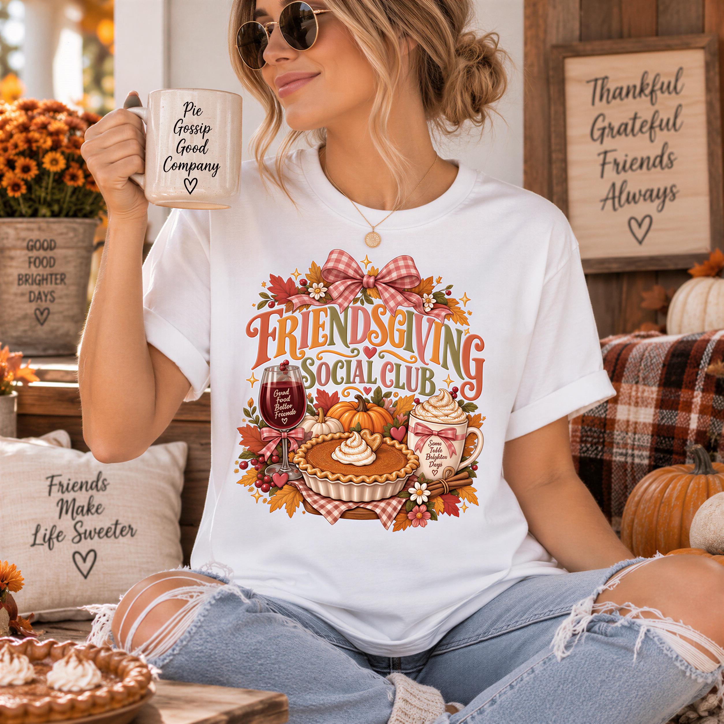 A woman wearing a white t-shirt with a graphic design of a Thanksgiving-themed graphic and holding a coffee mug with a message.