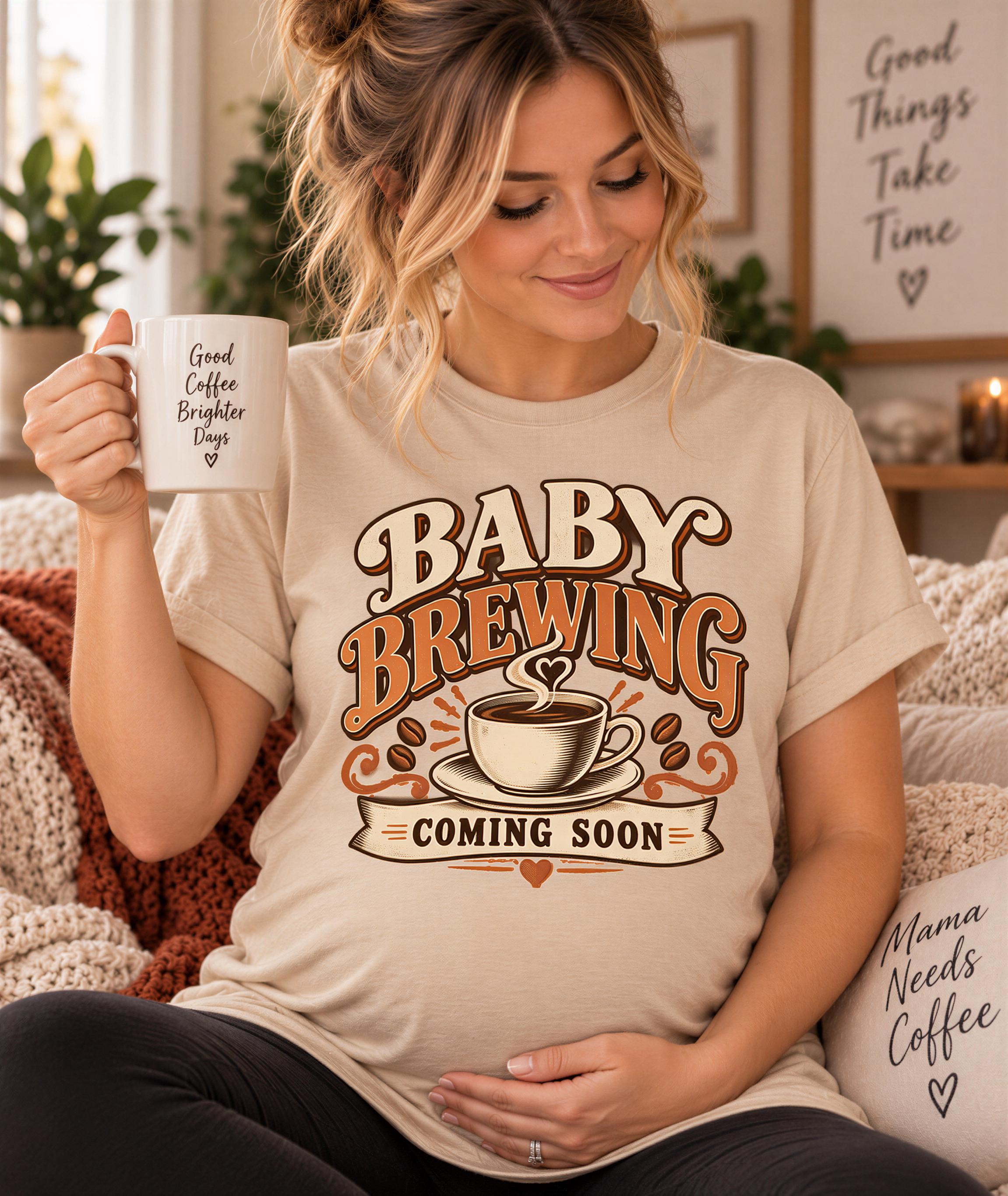 A woman wearing a t-shirt with a graphic design that says "BABY BREWING COMING SOON" and holding a coffee mug.
