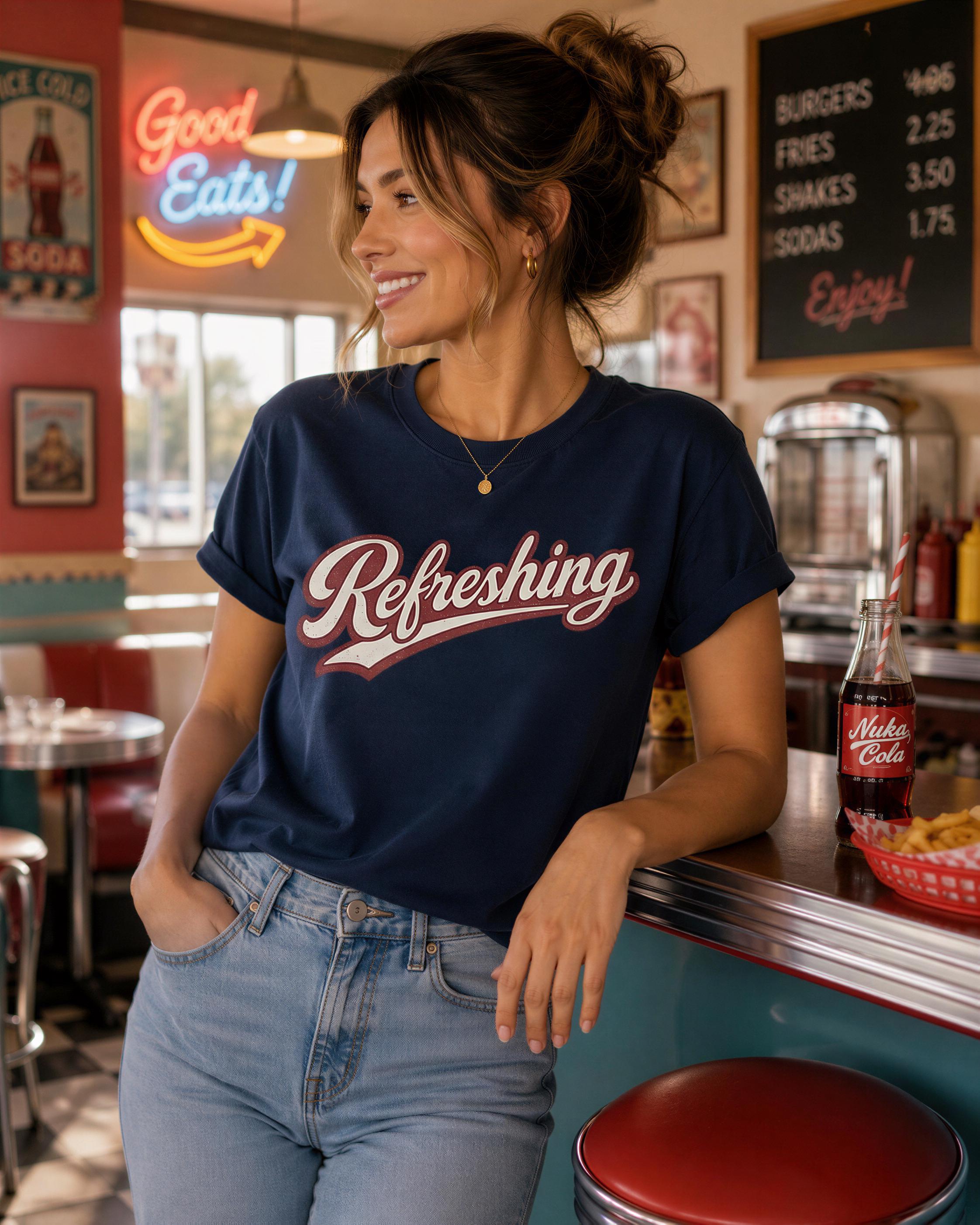 A woman wearing a navy blue t-shirt with the word "Refreshing" is leaning on a counter in a retro-style diner, with a bottle of soda visible on the counter.
