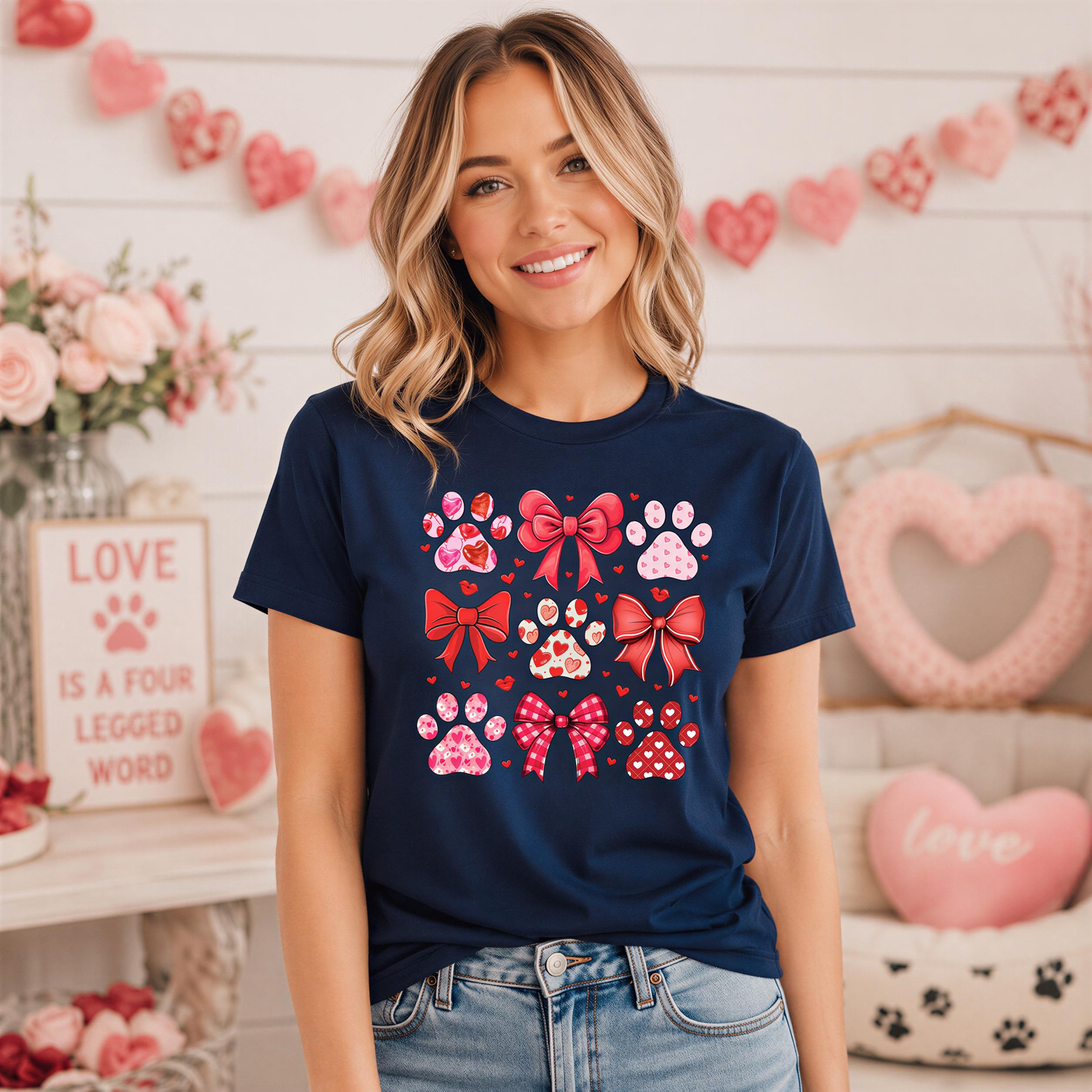 A woman wearing a navy blue t-shirt with a graphic design of red bows and paw prints stands in front of a floral backdrop.