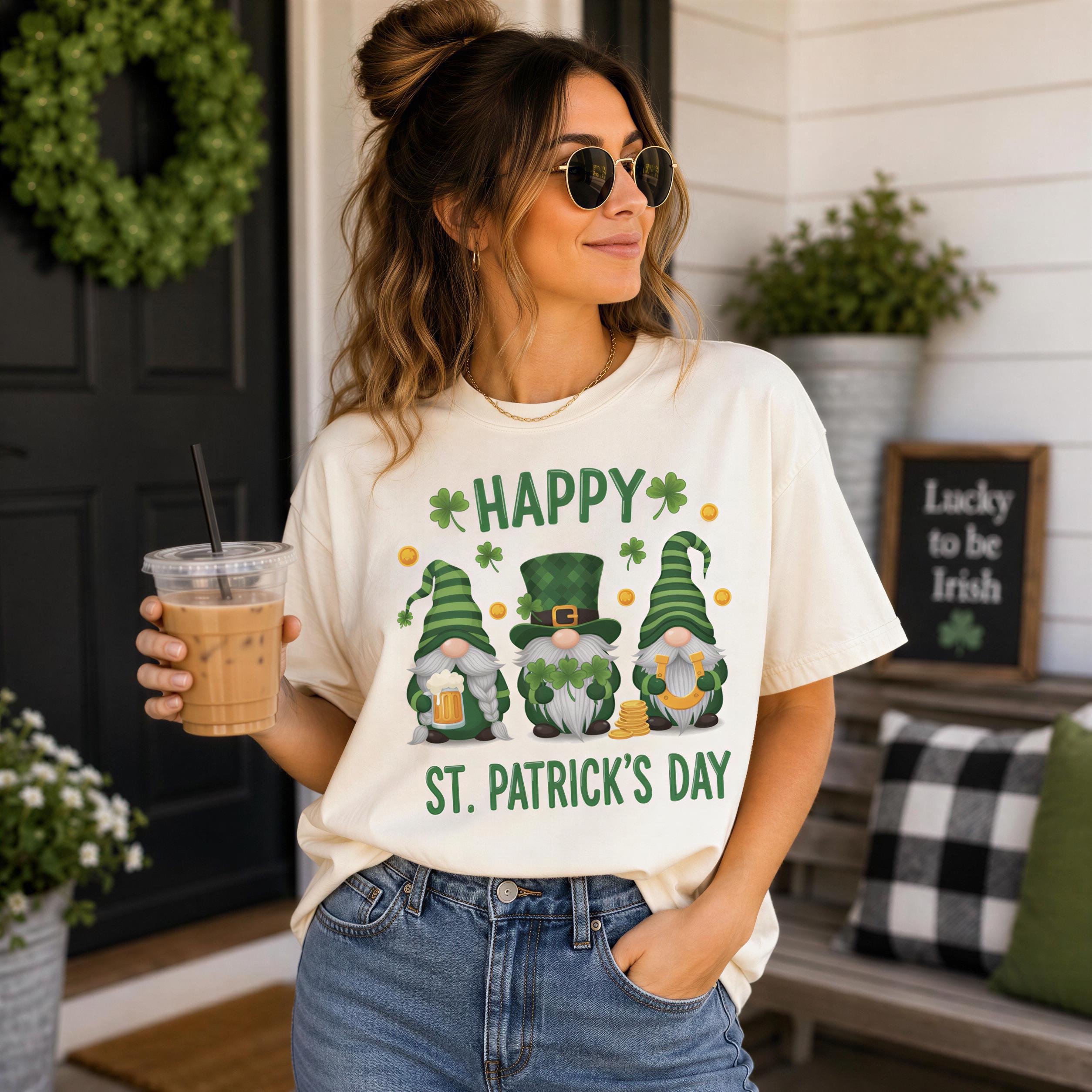 A woman wearing a white t-shirt with a graphic of three gnomes and the text "Happy St. Patrick's Day" is holding a drink and standing in front of a wreath and a sign that says "Lucky to be Irish".