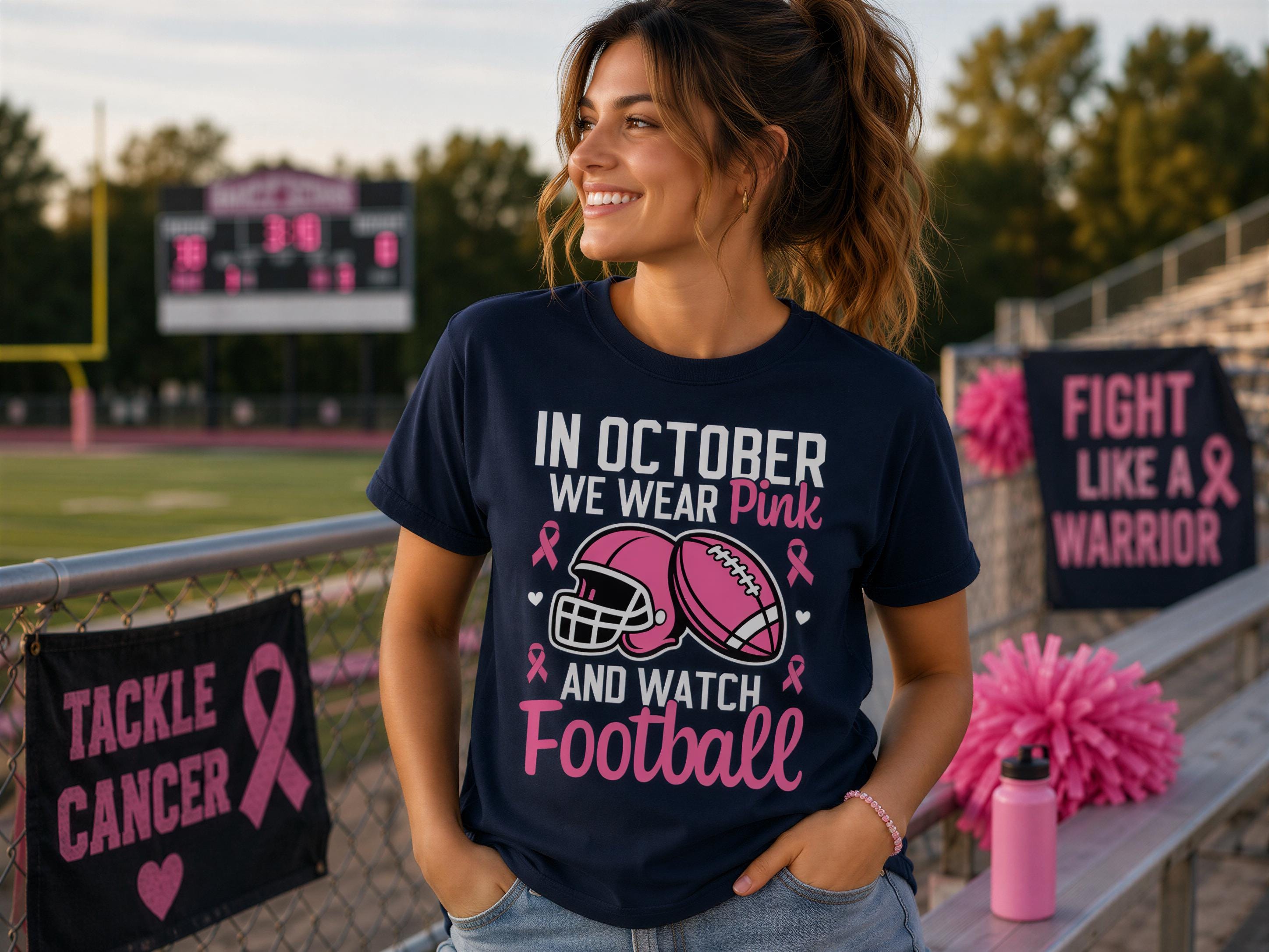 A woman wearing a navy blue t-shirt with a pink football and text related to breast cancer awareness stands in a stadium.