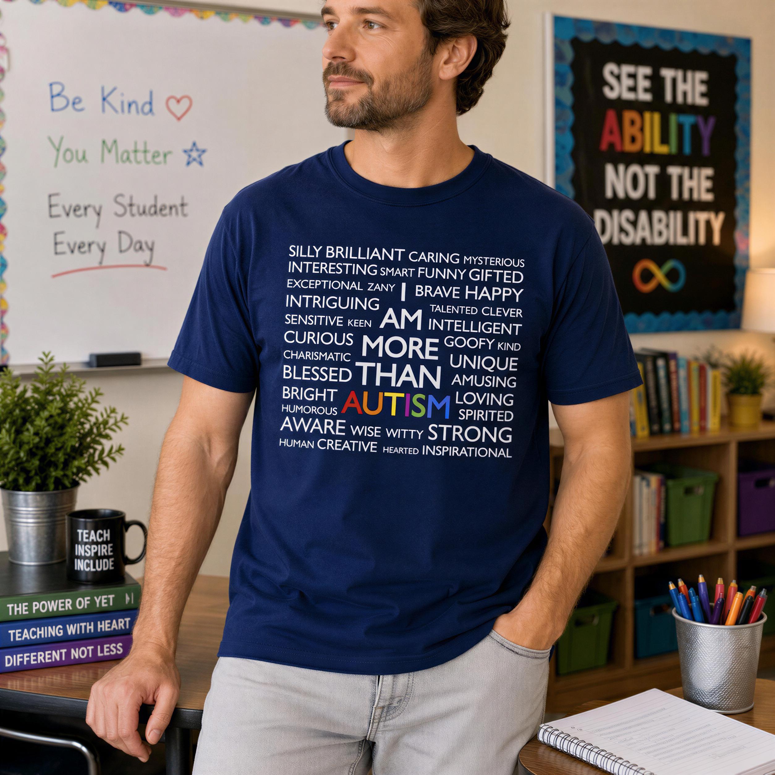 A man wearing a blue t-shirt with a list of characteristics printed on it, standing in a classroom setting with a bookshelf and a poster in the background.