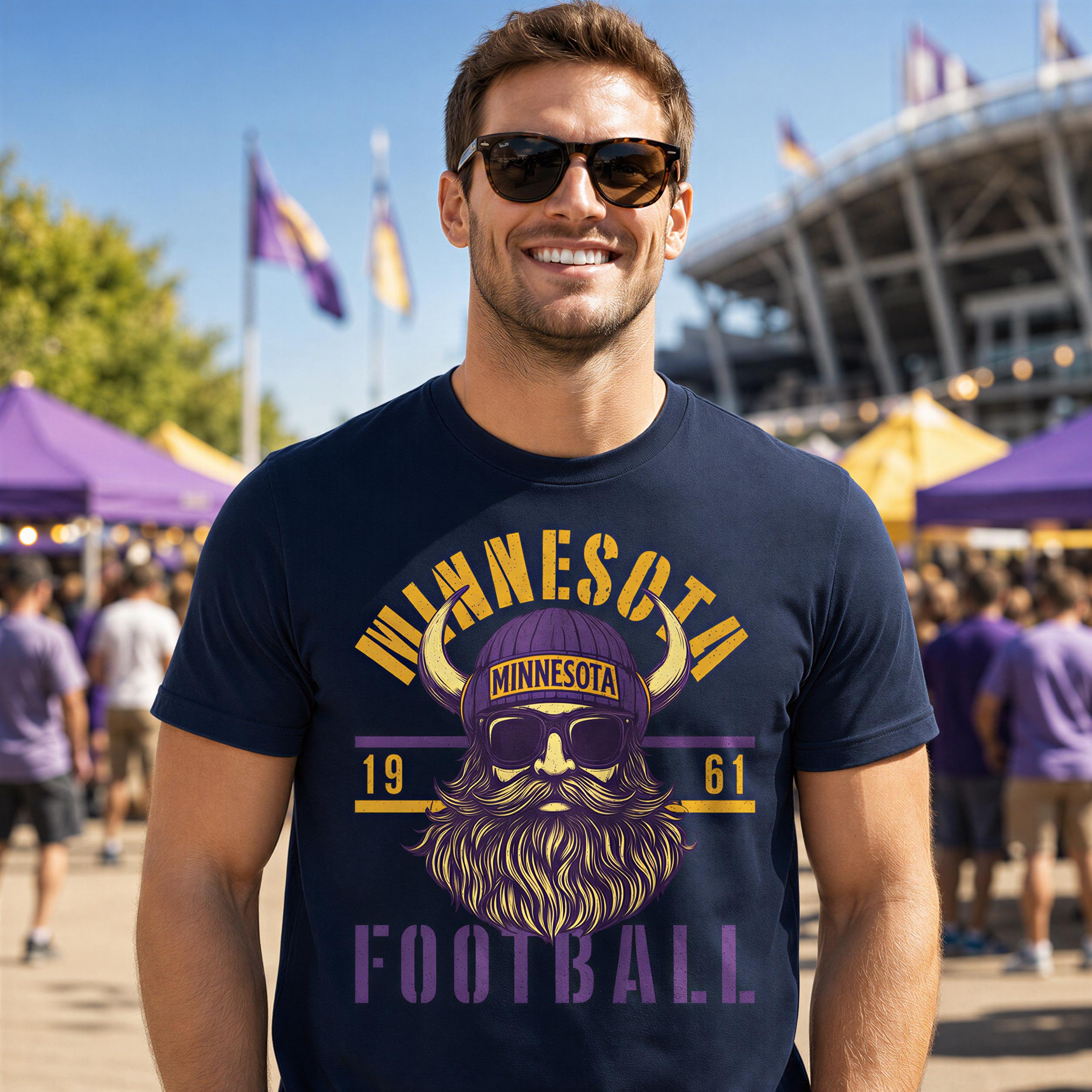 A man wearing a Minnesota Vikings football t-shirt and sunglasses stands in front of a stadium with purple and yellow flags.