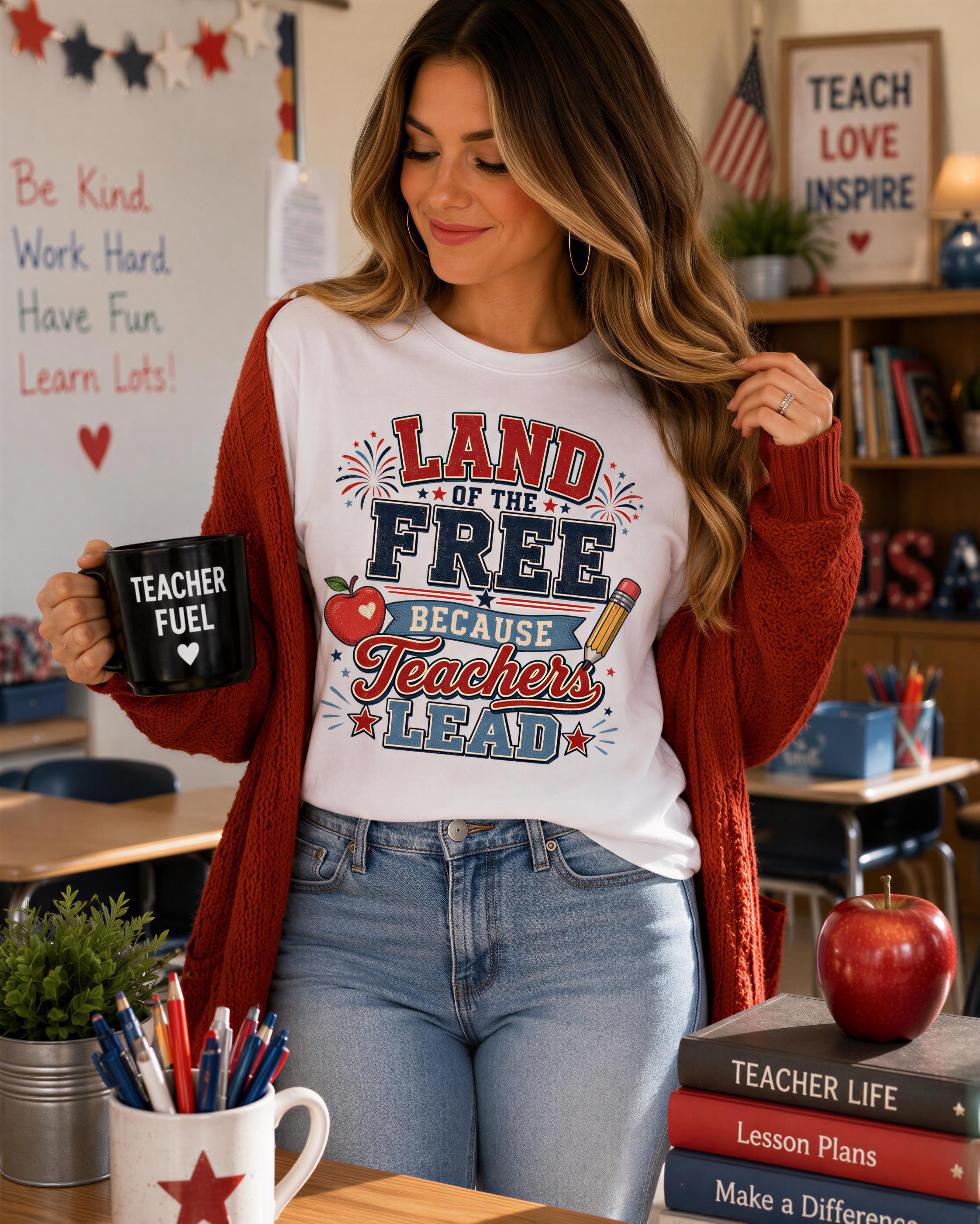 A woman wearing a white t-shirt with a graphic design stands in a classroom, holding a black mug with the text "TEACHER FUEL" and a stack of books.