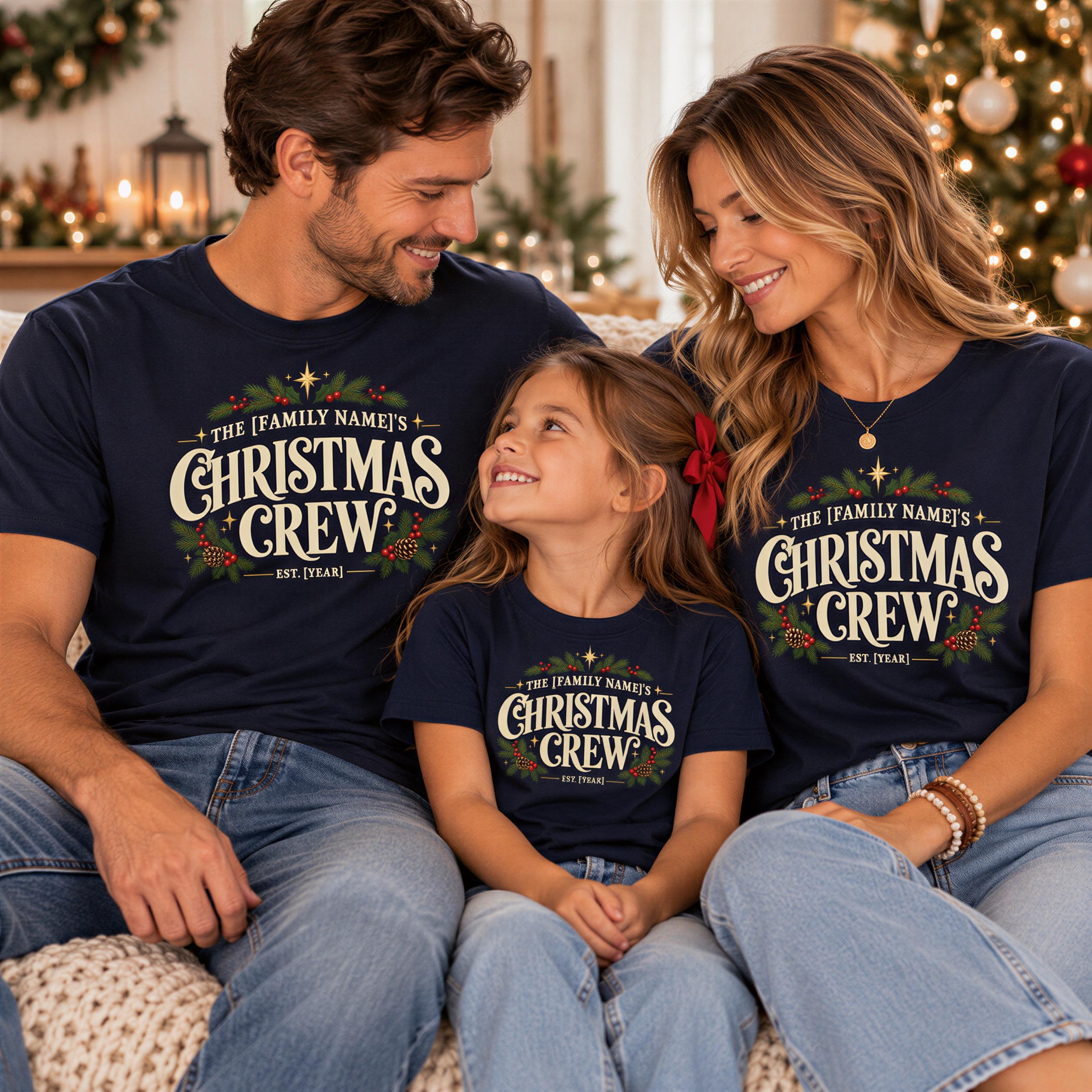 A family of three, consisting of a man, a woman, and a young girl, is sitting together and smiling. They are all wearing matching Christmas crew t-shirts with the text "The family names Christmas Crew" printed on them.