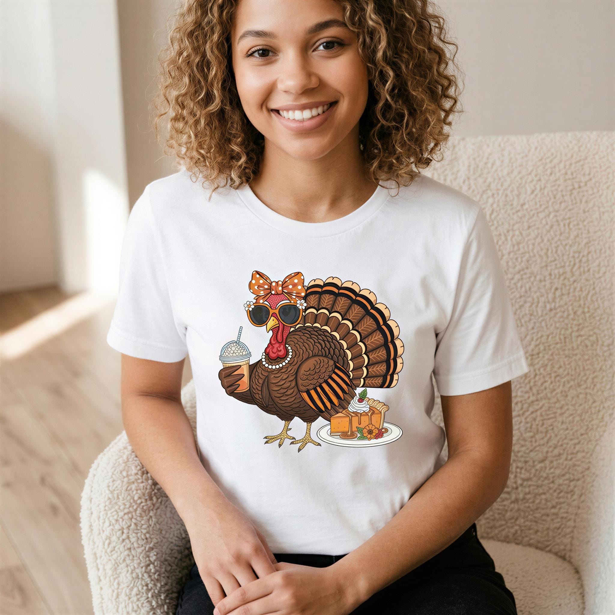 A smiling woman wearing a white t-shirt with a turkey graphic and sunglasses.